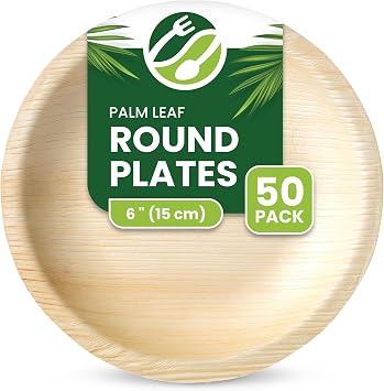 50-Piece Disposable Palm Leaf Round Dinner Plates - 6" 15cm, Rustic, Microwave & Oven Safe, Eco-Friendly, Strong & Leak-Proof, Perfect for Hot Food, Small Dessert & Side Dishes