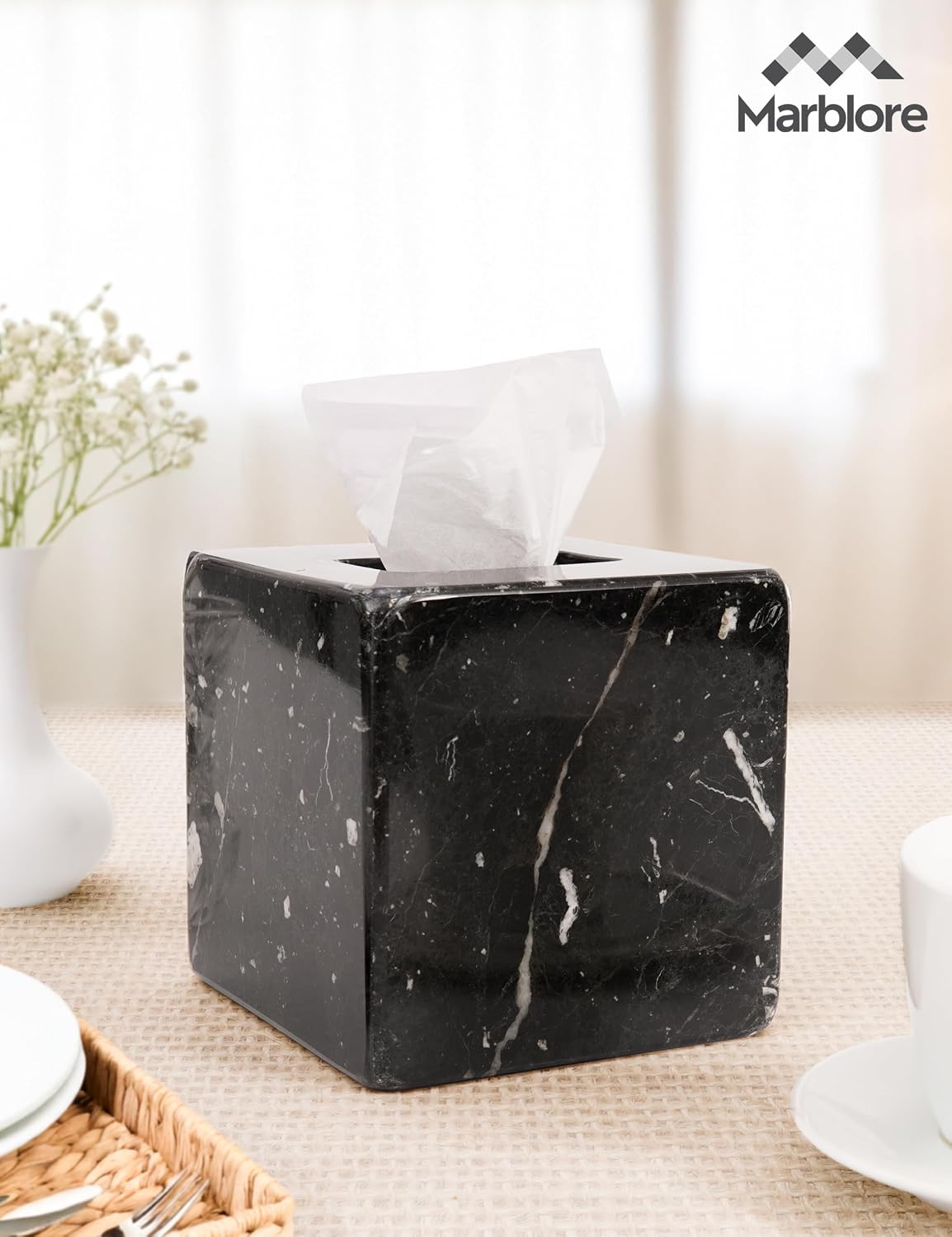 Marble Tissue Box 5.5" Black Zebra Tissue Holder for Bathroom and Living Room, Ideal for Valentines Decor Organizer, Facial Tissues, Paper Napkins, Toilet Paper Storage, and Car Tissue Holder