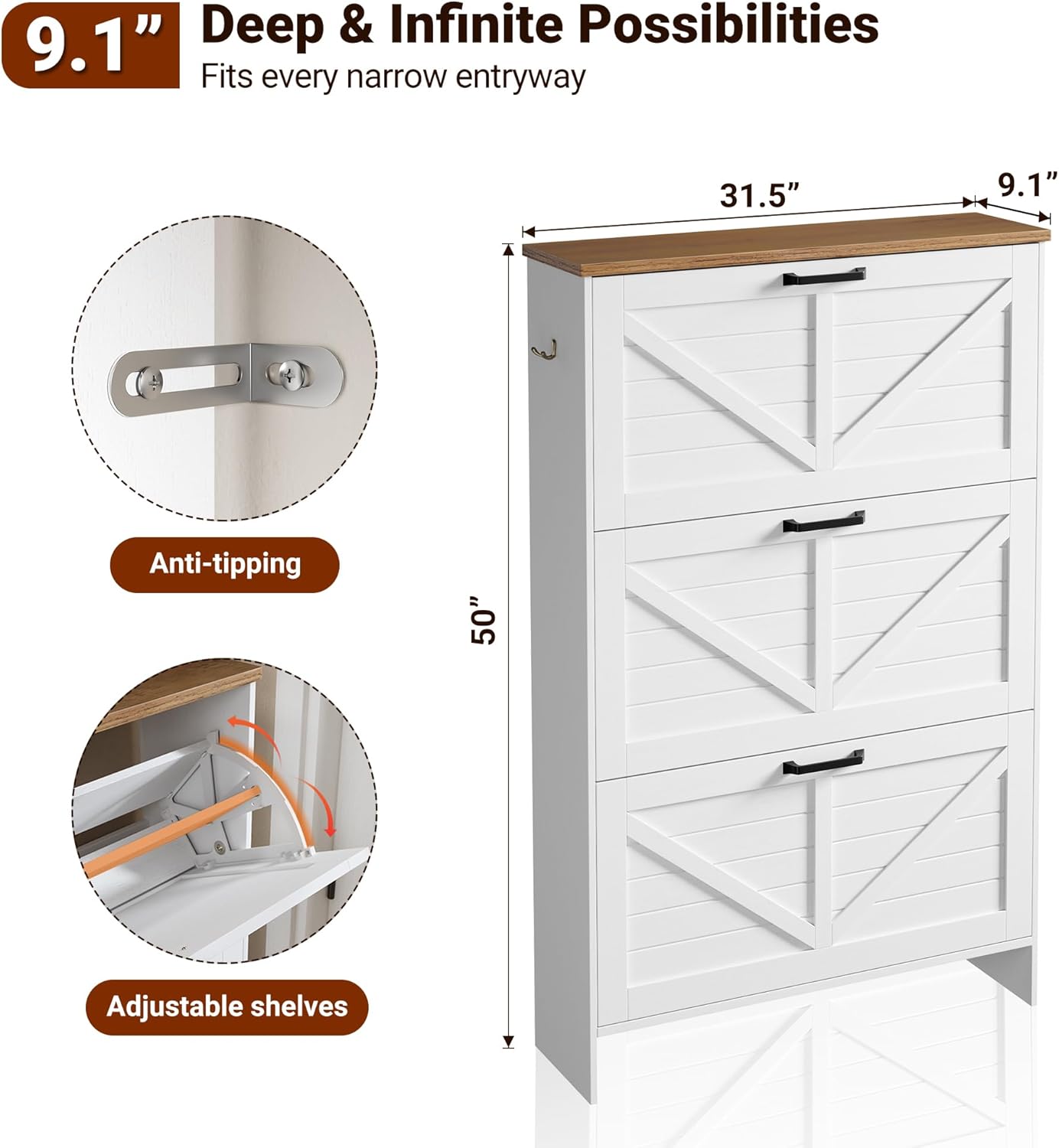 Nicetree Shaker Barn Door Shoe Storage Cabinet for Entryway, 3 Flip Drawers & 3-Tier Adjustable Shelves, Ultra Slim Freestanding, Modern Rustic Brushed White Farmhouse Shoe Rack for Hallway, Foyer