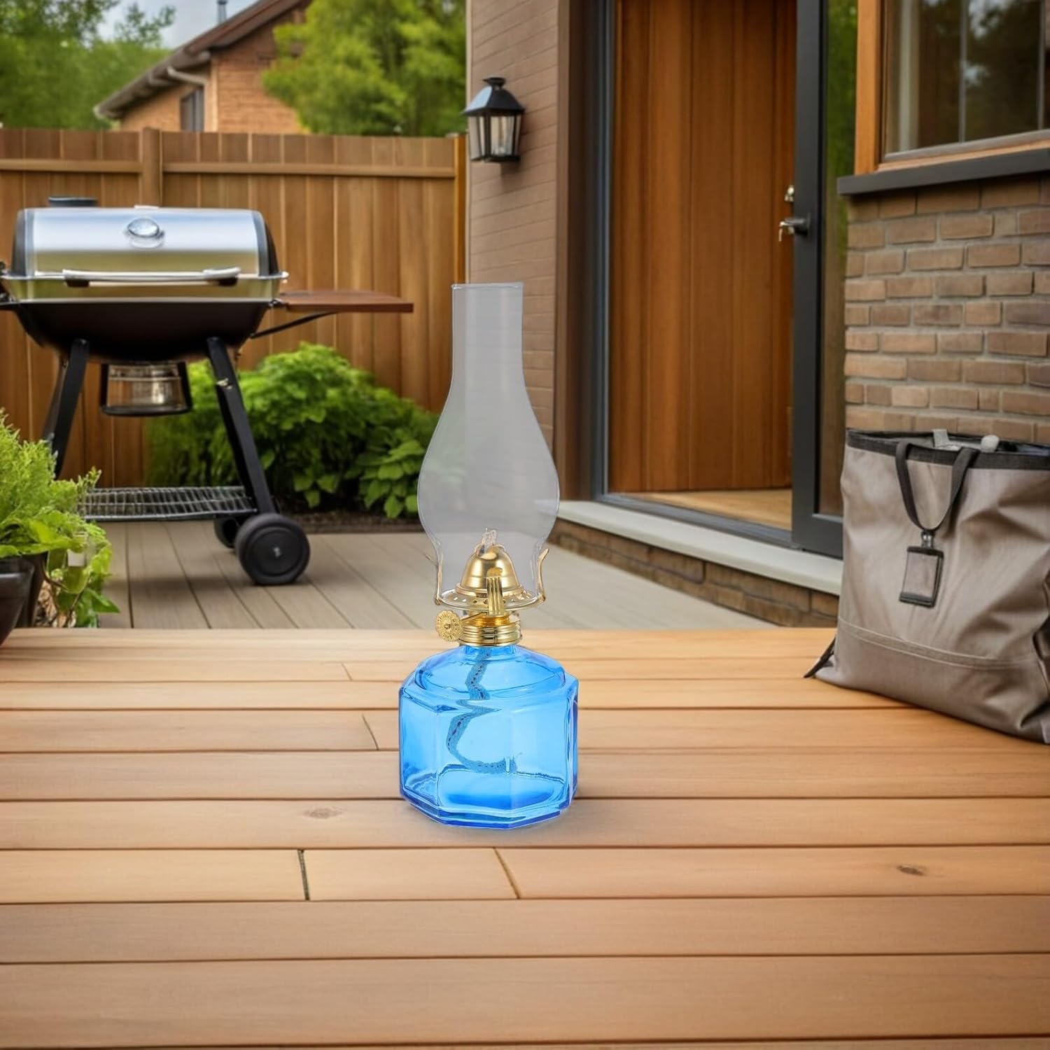 Vintage Blue Glass Kerosene Hurricane Oil Lamp, Rustic Polygonal Indoor Outdoor Windproof Lantern with Wick for Home Décor and Emergency Lighting