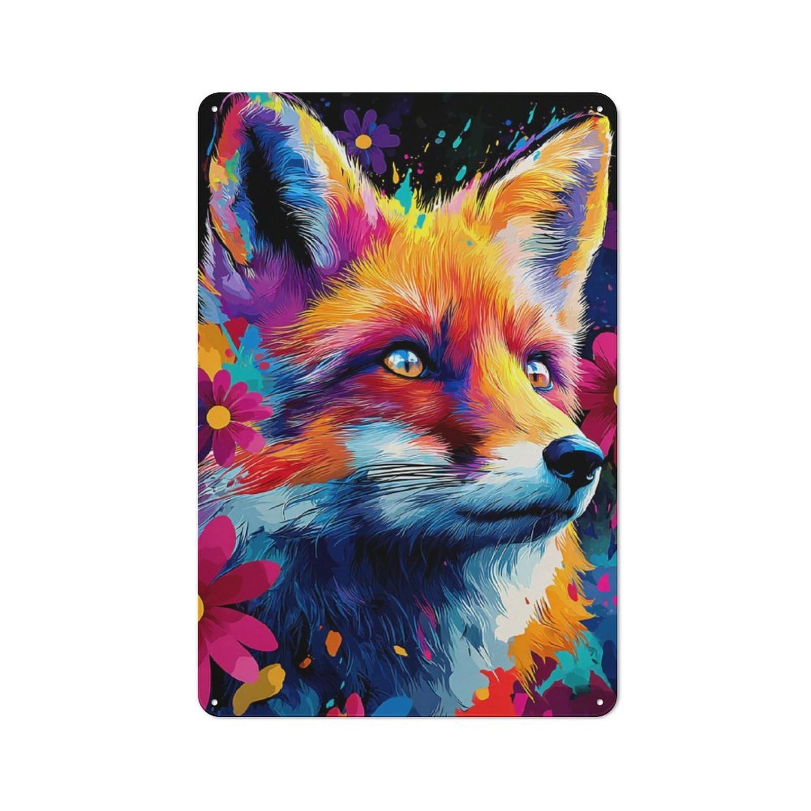 Junmoney Colorful Fox With Flowers Rustic Tin Wall Plaque 30X20cm For Café Or Restaurant, For Kitchen, Dining Room And Home Bar Wall Decor