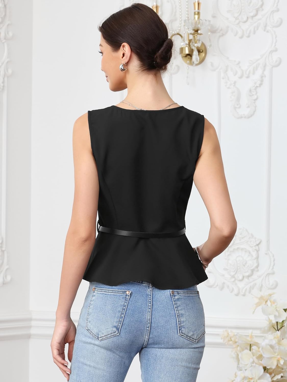 Allegra K Business Casual Tops for Women Summer Sleeveless Button Down Blouses Ruffle Hem Peplum Work Shirts with Belt - Image 3