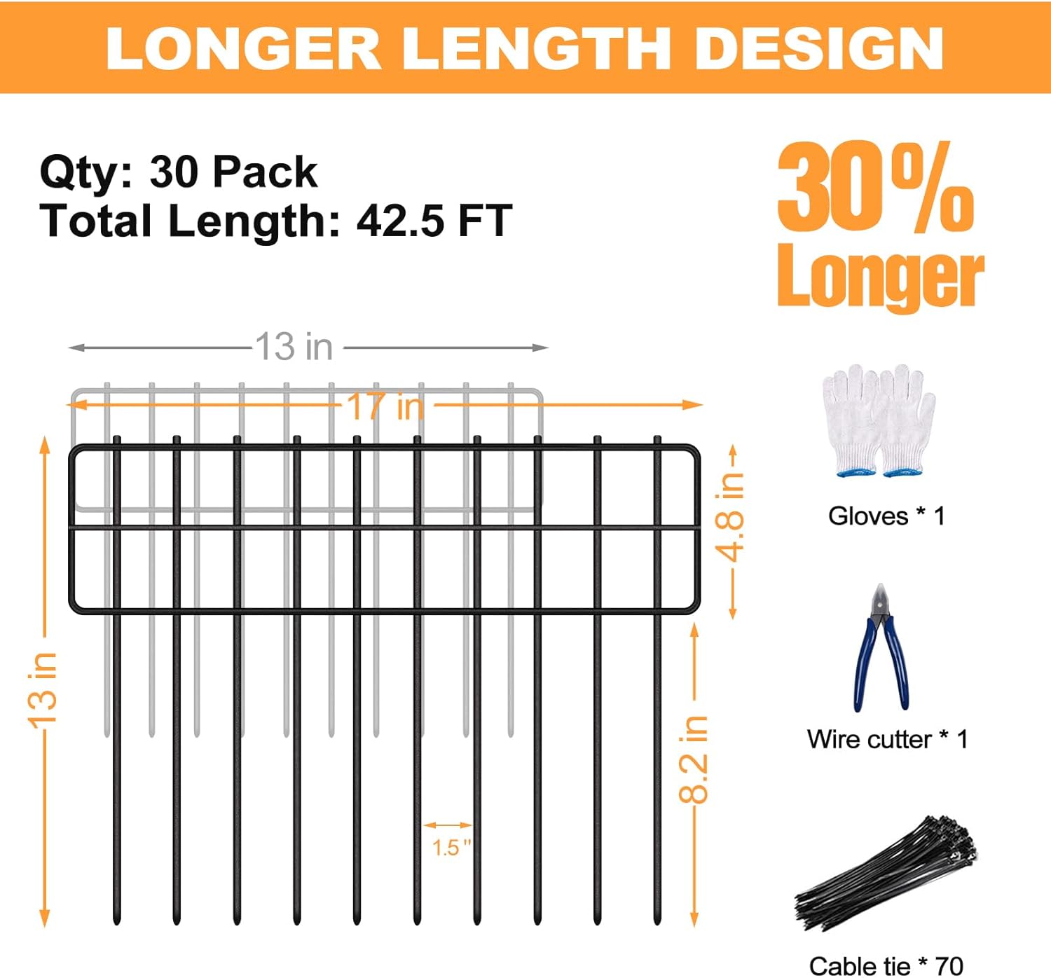 KYATE Garden Fence Animal Barrier, 30 Panels No Dig Fence 42.5ft(L) x13in(H), Rustproof Metal Defense Border, Dogs Rabbits Blocker Fence for Outdoor Yard & Patio