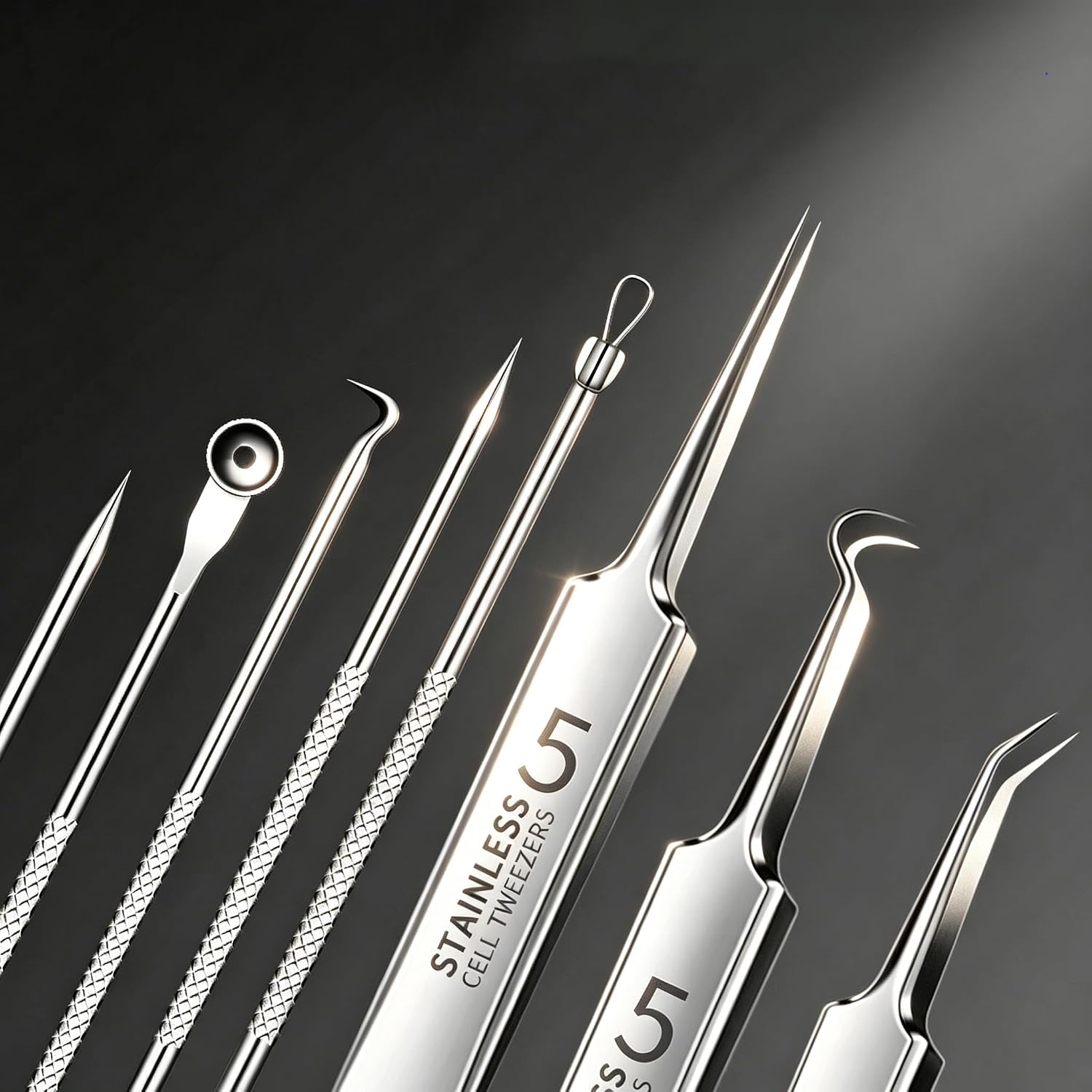 8P Blackhead Remover Tools, Include 3P Removal Blackhead Tweezers& 5P Comedone Extractor Kit, Pimple Popper Tool Set with Case, Acne Remover Tools for Face, Hair Tweezers & Pore Extractor