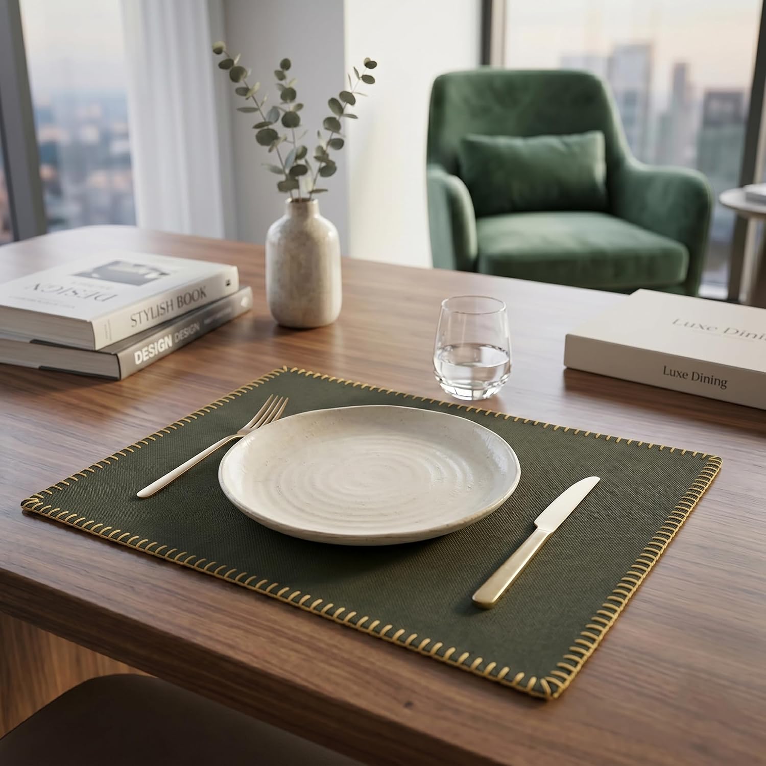 LFH Home Private Limited Cotton Rich Placemats Set 4, 13x19Inch Table Mats, Blanket Stitch,Heat Resistant Reusable Dining Placemat,Machine Washable Placemats for Kitchen & Dining Table -Military Green