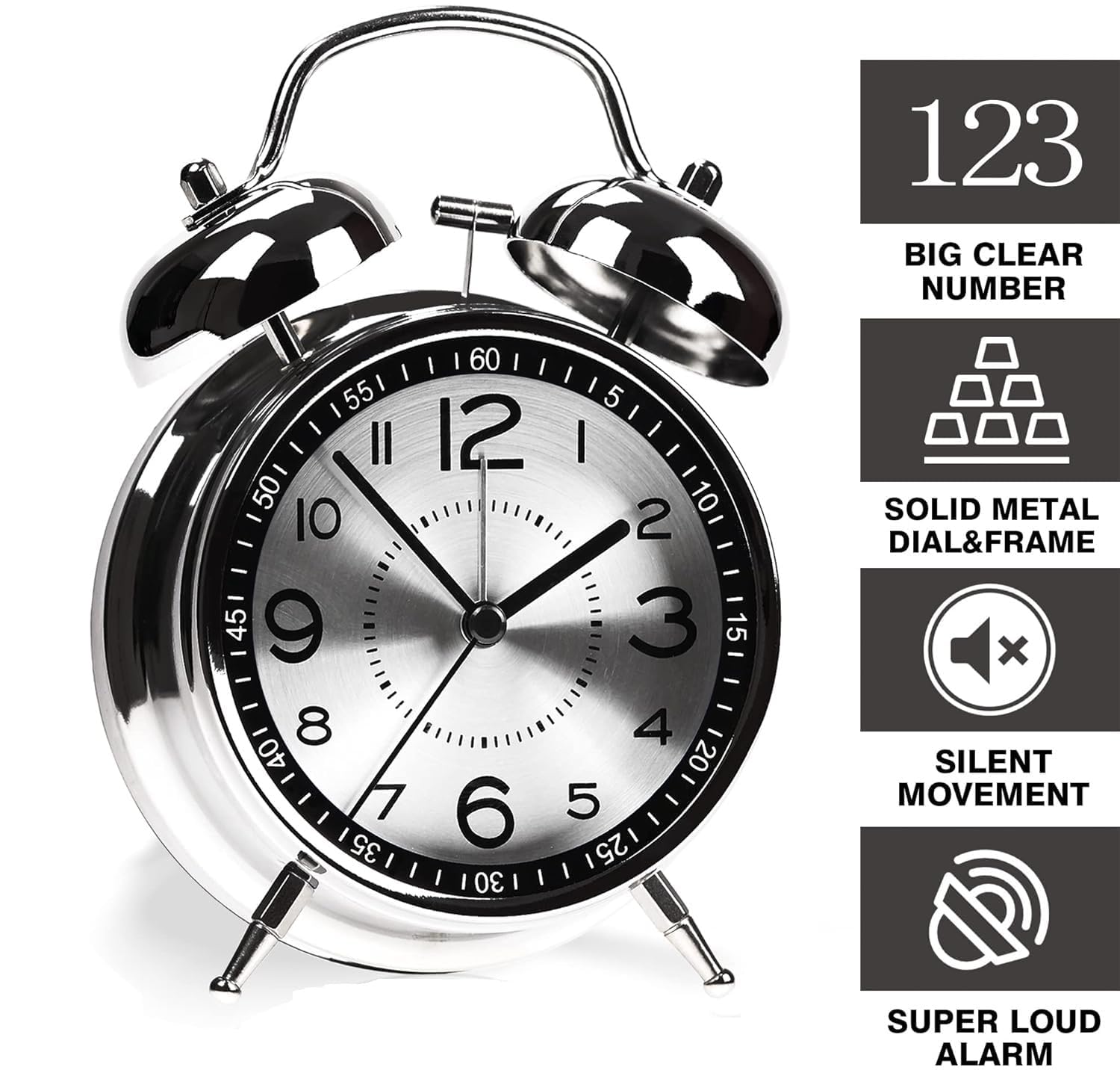 Anadi Loud Alarm Clock for Heavy Sleepers – 4-Inch Metal Twin Bell Table Clock with Backlight, Loud Ringing Alarm for Adults, Students, Bedroom & Office Decoration 3