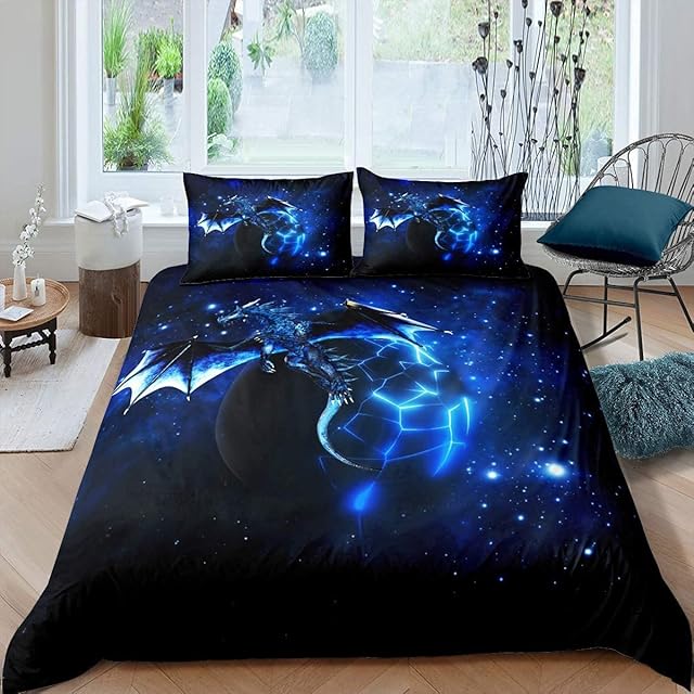 Homemissing Galaxy Dragon Duvet Cover Kids Outer Space Starry Sky Bedding Set Jungle Animals Dragon Bedding & Linen for Boys Child Teens Blue Black Bedding & Linen Double Size