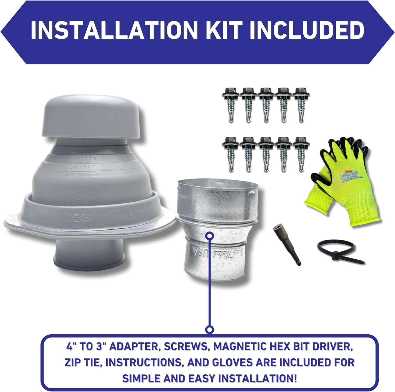 Covent Metal Roof Exhaust Fan Vent for 3"-4" Flex Hose Exhaust - Full Installation Kit and Adapter Included (Black)