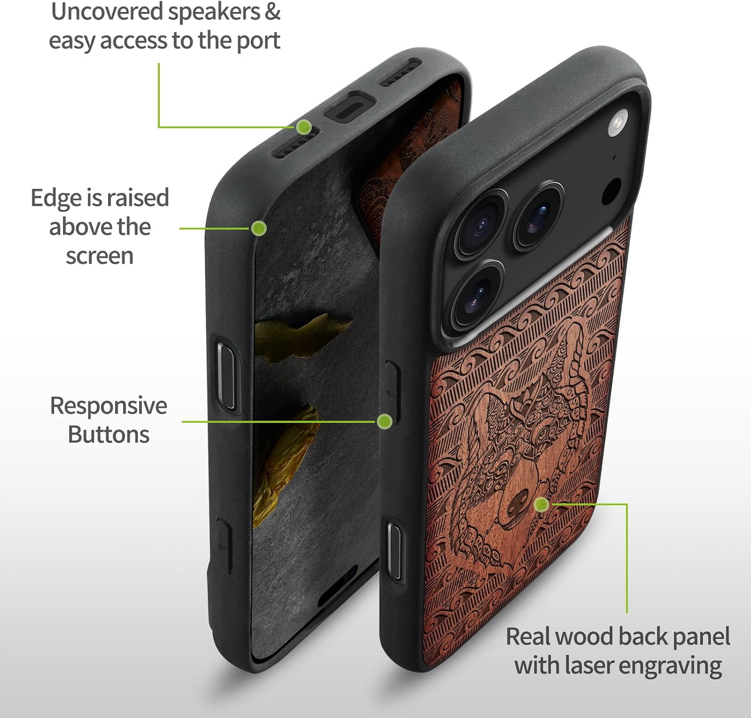 Carveit Magnetic Wooden Case for iPhone 17 Pro Max Case, Wood Artisan Engraved & Black Soft TPU Shockproof Cover, Compatible with MagSafe Wireless Chargers (The Mystical Canine) Rosy