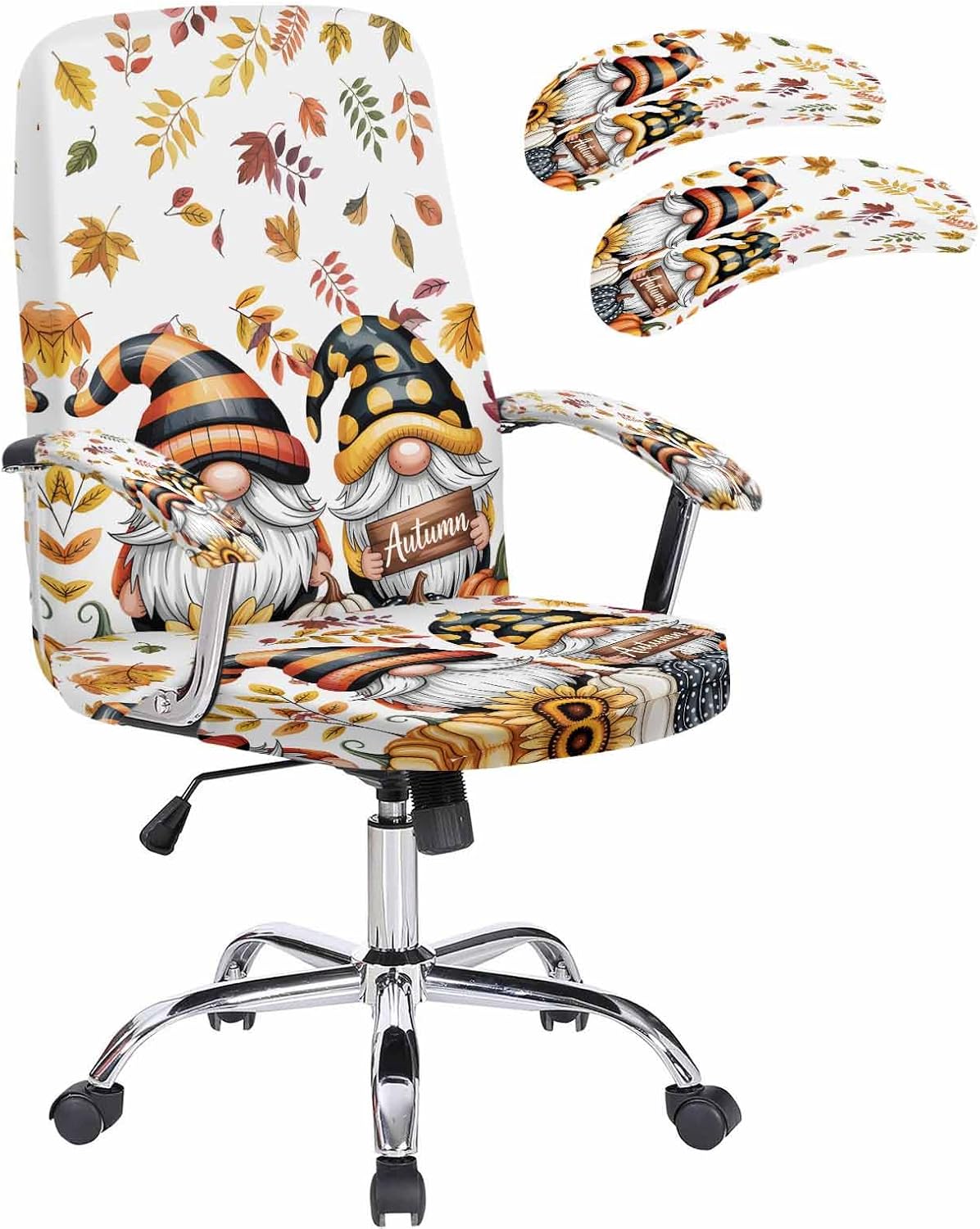 Fall Office Chair Cover with Armrest Covers & Zipper Pumpkin Gnomes Computer Chair Covers Stretchable Autumn Fallen Maple Leaves Thanksgiving Rotating Desk Chair Slipcovers Seat Protectors Medium