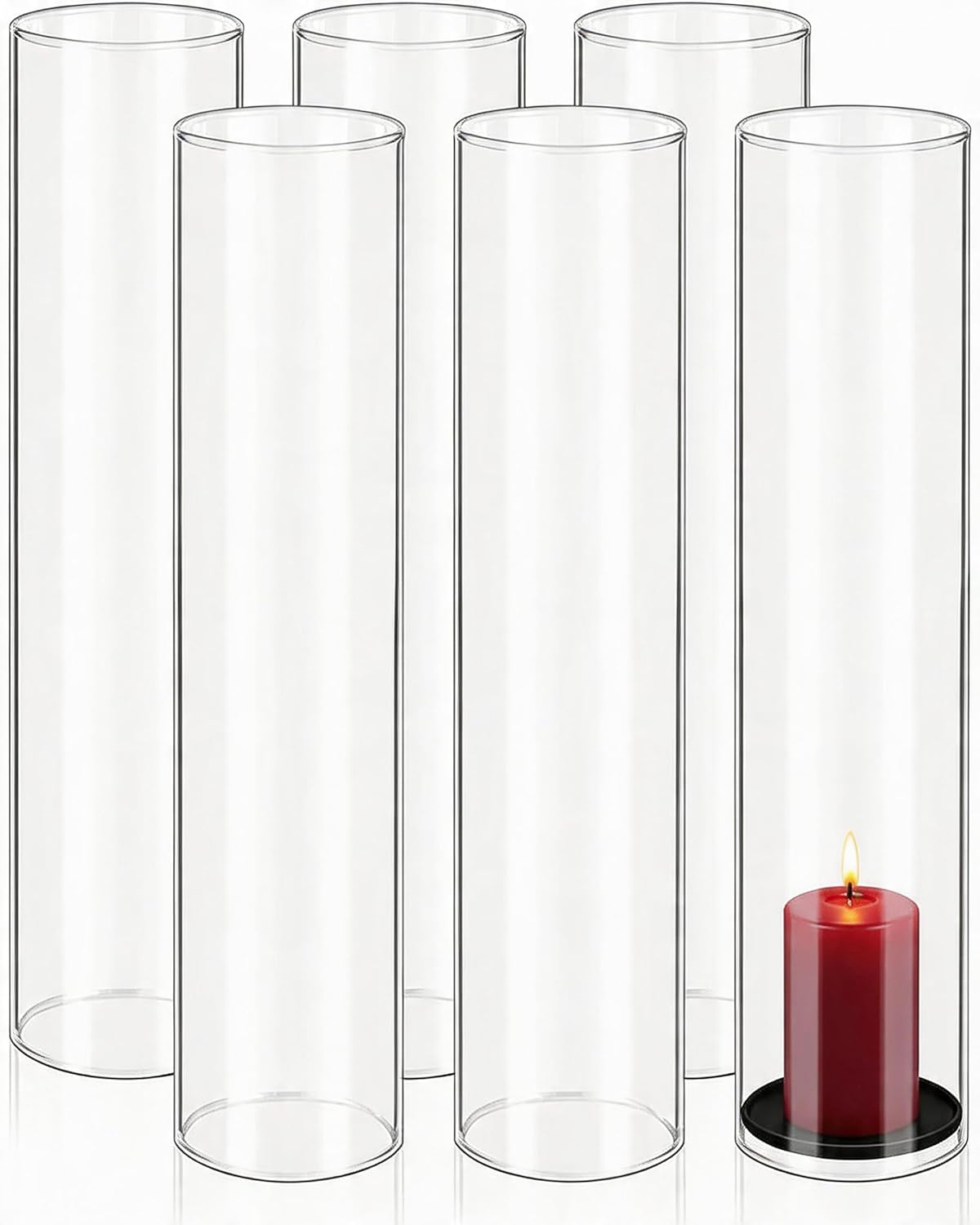 6 Pcs Hurricane Candle Holder Sleeve, W:4" H:16" Bottomless Clear Glass Cylinder Candleholder Cylinder Open Both Ends, Open Ended Candle Shade for Centerpieces, Wedding Party Event Table Decor