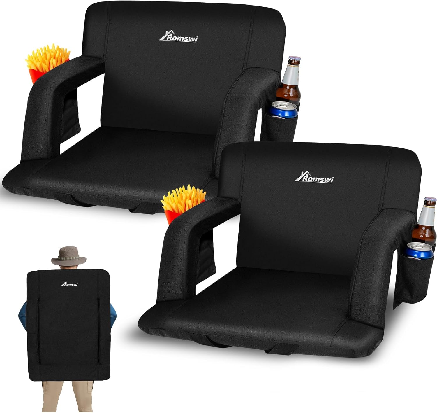 Romswi 2PCS Stadium Seats with Back Support 20.9 Inch,Foldable Bleacher Chair with Armrests,6 Adjustable Angle,Stadium Chairs for Outdoor Sport Events,Black