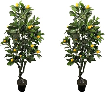 AMERIQUE Pair 4 Lemon Trees Artificial Silk Plant with Fruits, Pre-Potted with Nursery Plastic Pot