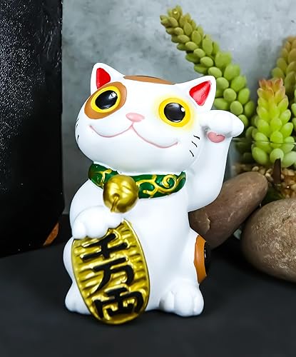 Miniatura 2 de Ebros - Dije japonés de buena suerte y fortuna Maneki Neko con gato blanco con collar verde y moneda Koban levantando brazo izquierdo, figura