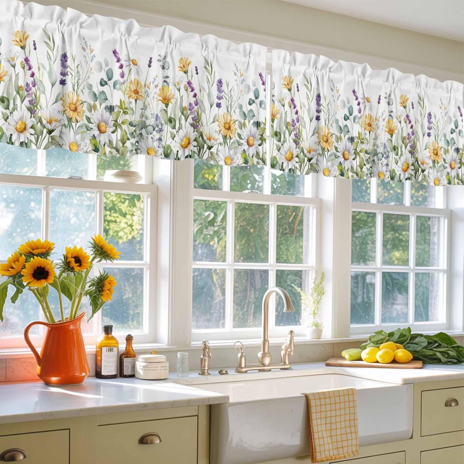 YOKOU Kitchen Curtain Valance, Lavender Daisy Flower Eucalyptus Leaves Watercolor Floral Spring Short Rod Pocket Window Curtain for Bedroom, Bathroom, 54" W x 18" L, 2 Panel