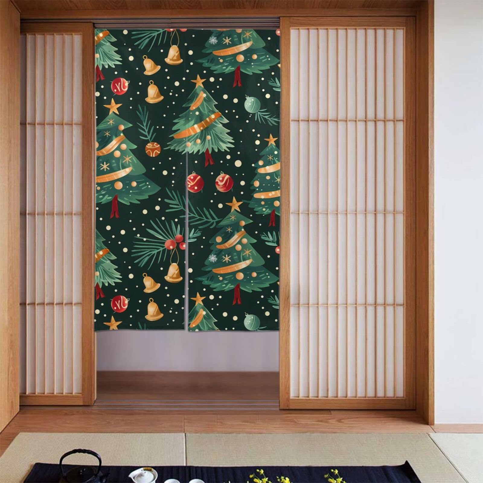 Rideaux occultants de Noël 142x86 cm, lot de 2 avec imprimé sapins et cloches