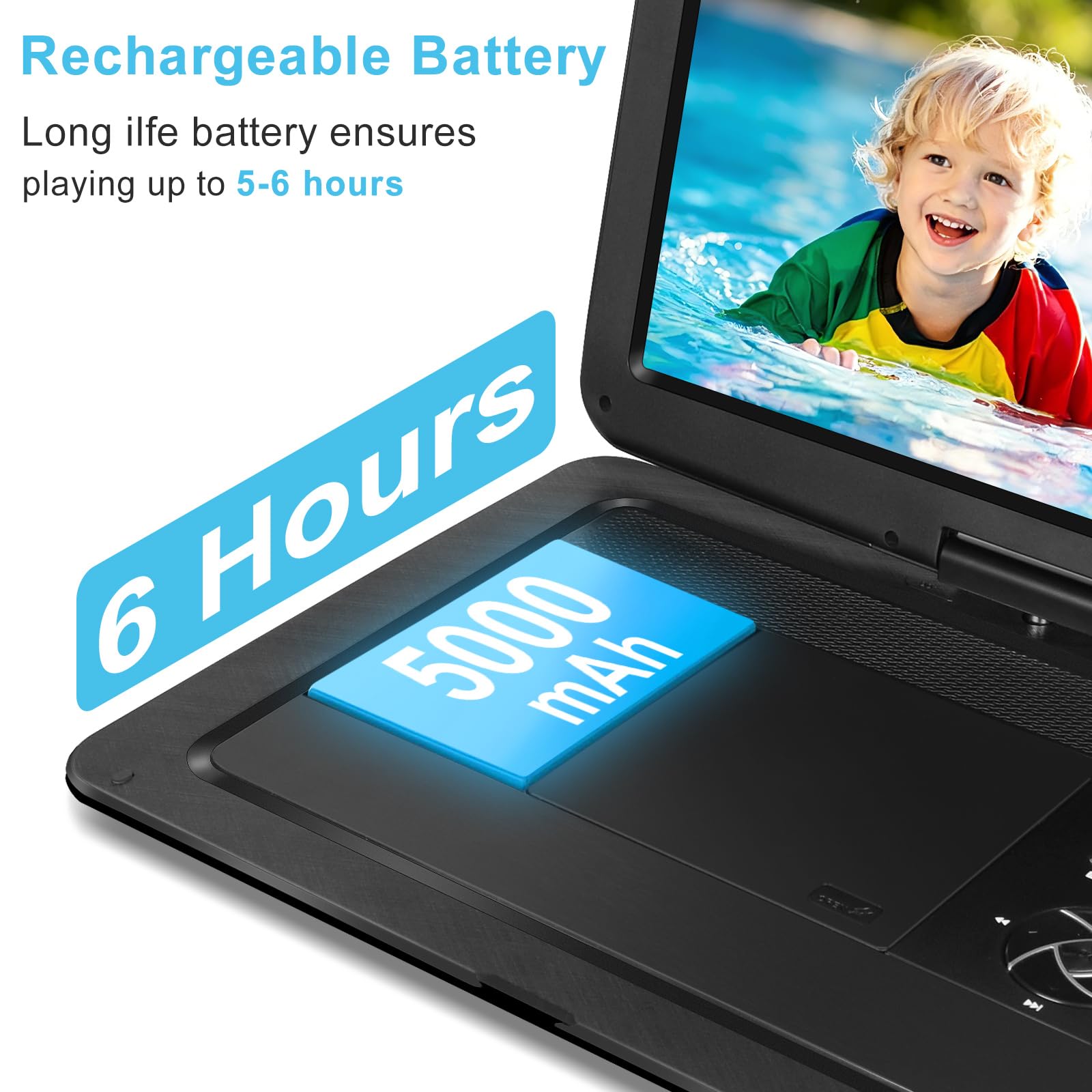 HOPYOP Lettore DVD portatile da 19,6 pollici, con schermo girevole HD extra-large da 17", batteria da 5000 mAh, 5-6 ore di riproduzione, supporta USB/SD Card/sincronizzazione TV, tutti i dischi