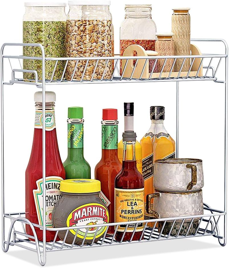 Spice Rack 2 Tier Standing Rack (Large Size), OOFO Kitchen Bathroom Countertop Storage Organizer Spice Jars Bottle Shelf Holder Rack