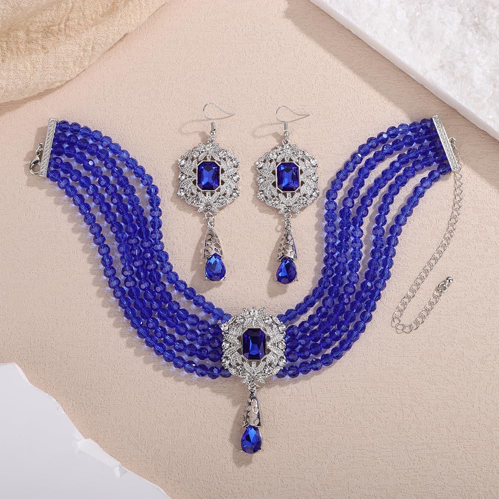 Octwine Boho Gold Silver 1920s Layered Pearls Necklace Teardrop Earrings Set for Women Trendy Retro Black Necklace Dainty Bride Wedding Crystal Rhinestones Pearls Necklace Earrings Set for Women - Image 4