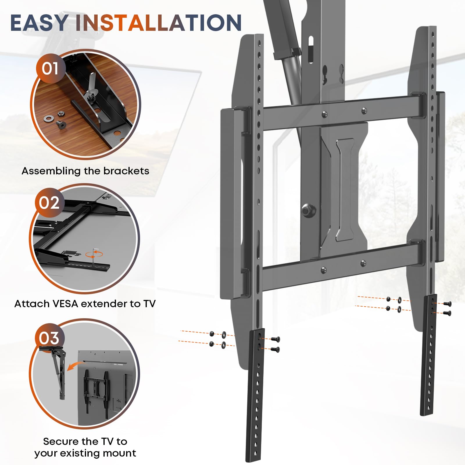 Plaque d’extension VESA verticale pour téléviseurs avec position VESA basse, compatible avec supports TV de plafond motorisés et supports muraux à bras vertical, 1 paire, Noir