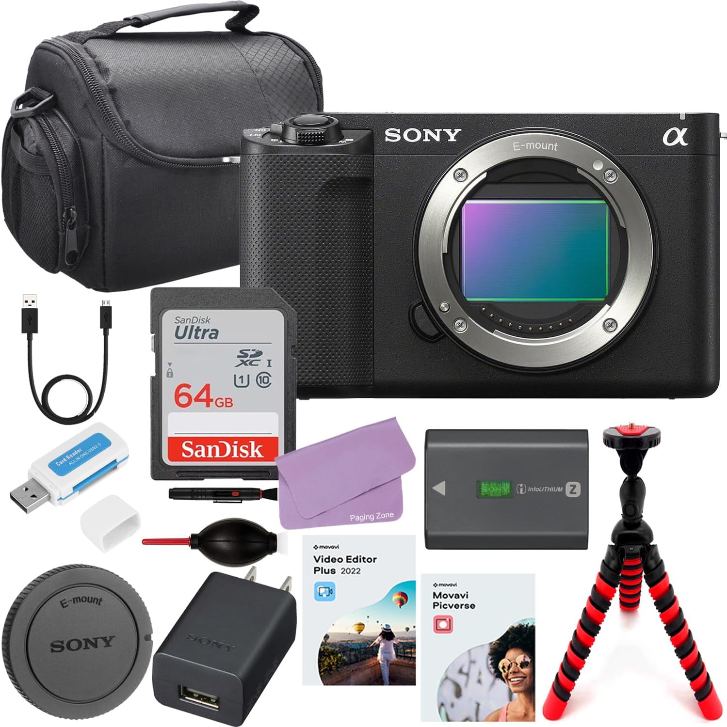 Sony ZV-E1 Mirrorless Camera (Black ILCZVE1/B) Body Only Bundle + Accessory Kit Including Sandisk 64GB Memory, Spider Tripod, Case, 5 in 2 Video/Photo Editing Software Package & More (18 Items)