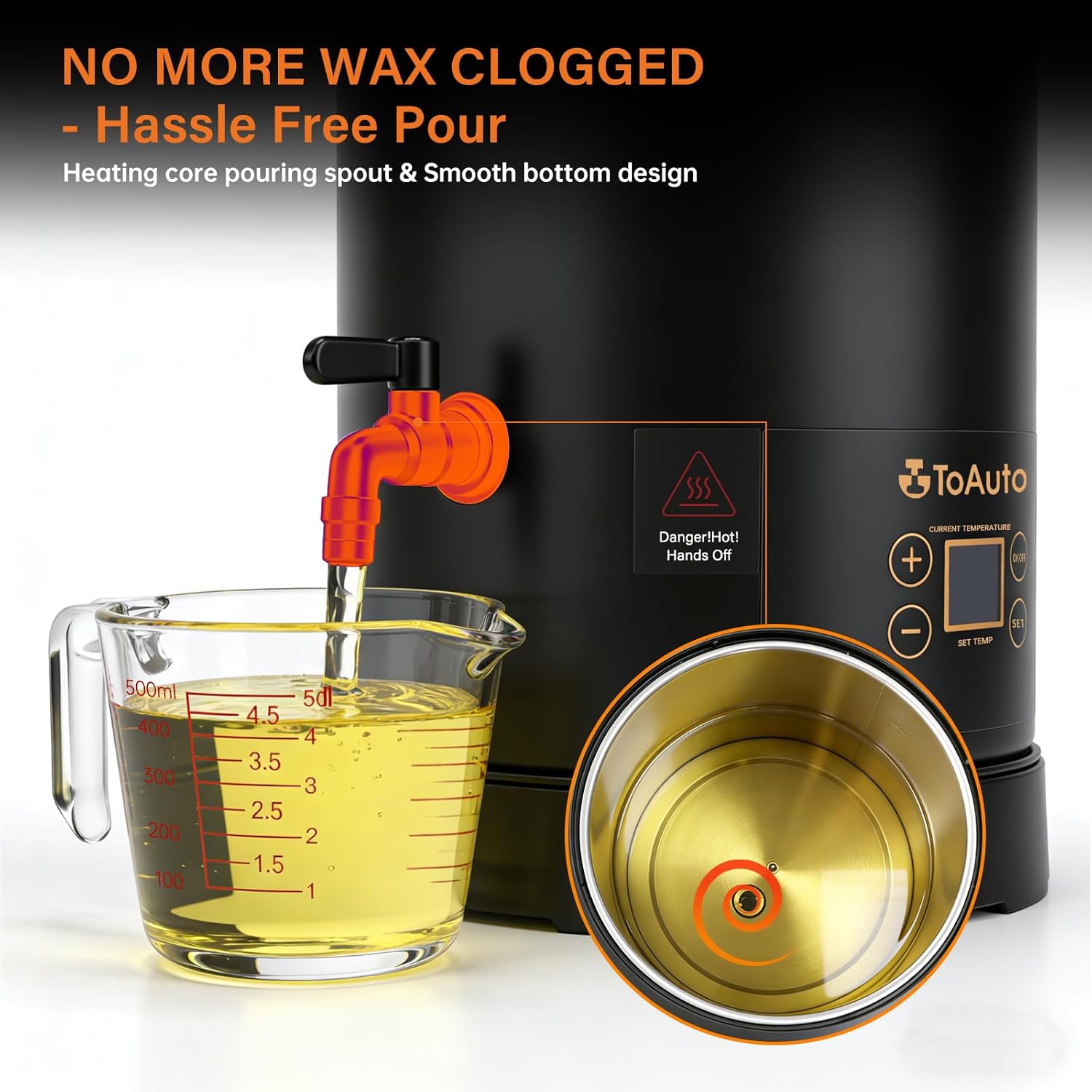 Close-up of the TOAUTO wax melter's easy pour spout and internal bottom discharge design