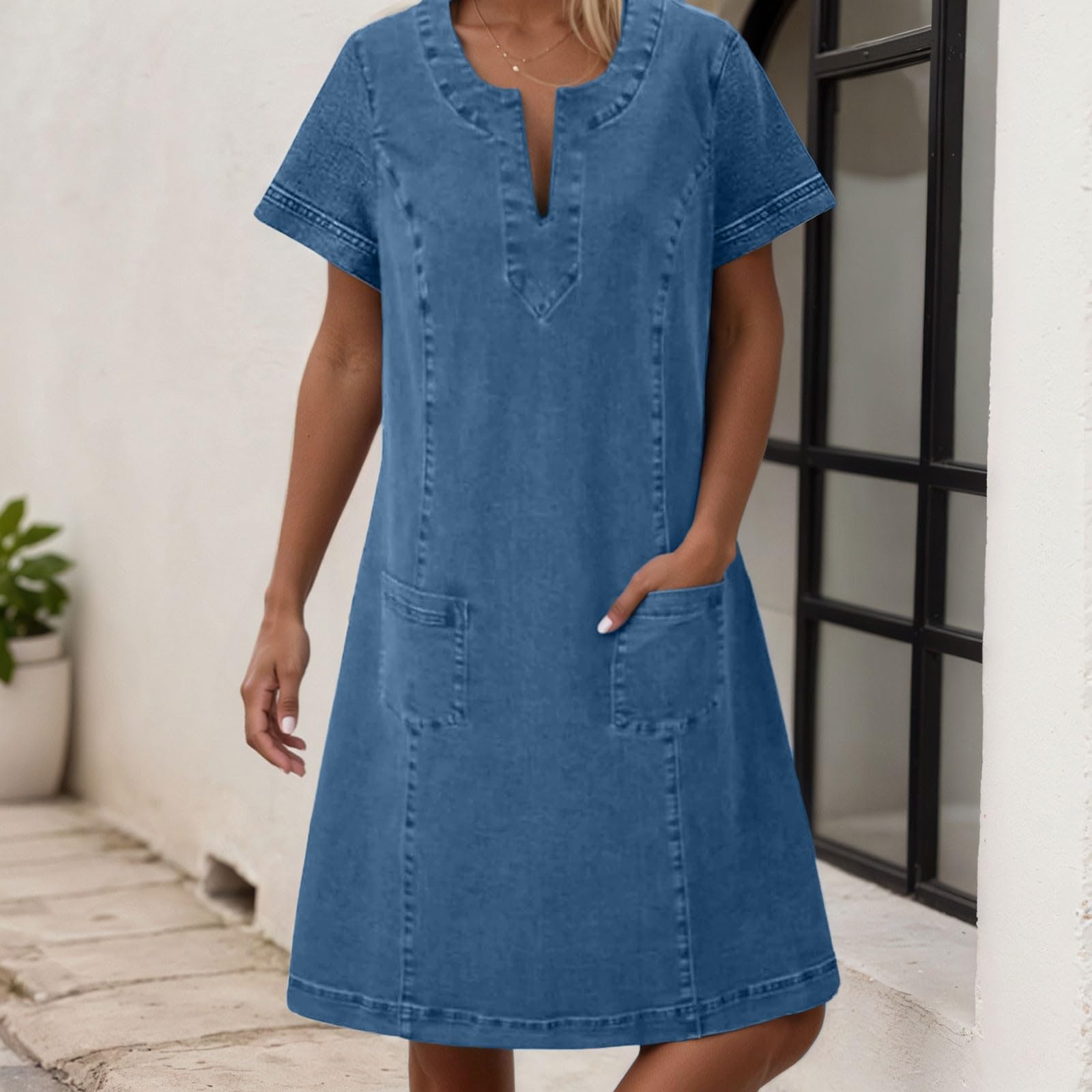 Robe d'été élégante et décontractée sans manches en jean avec col rond et poches pour femme semi-formelle
