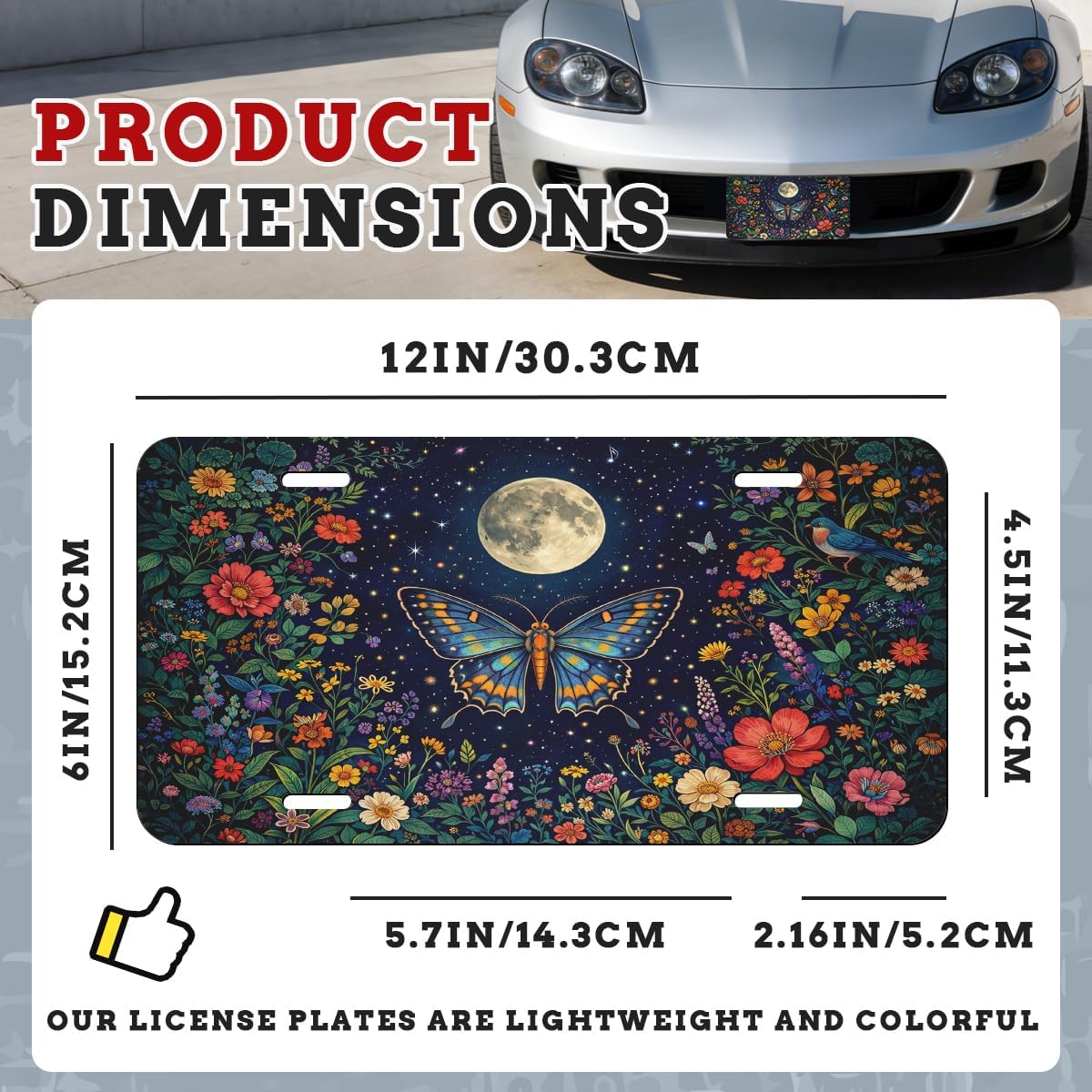 Butterfly Moon Garden Front License Plate Night Floral Nature Dreamy Aesthetic Art Car Decorative License Plates Aluminum Metal Decor Accessory Novelty Vanity Tag Cover for Men Women 6" X 12" image 2