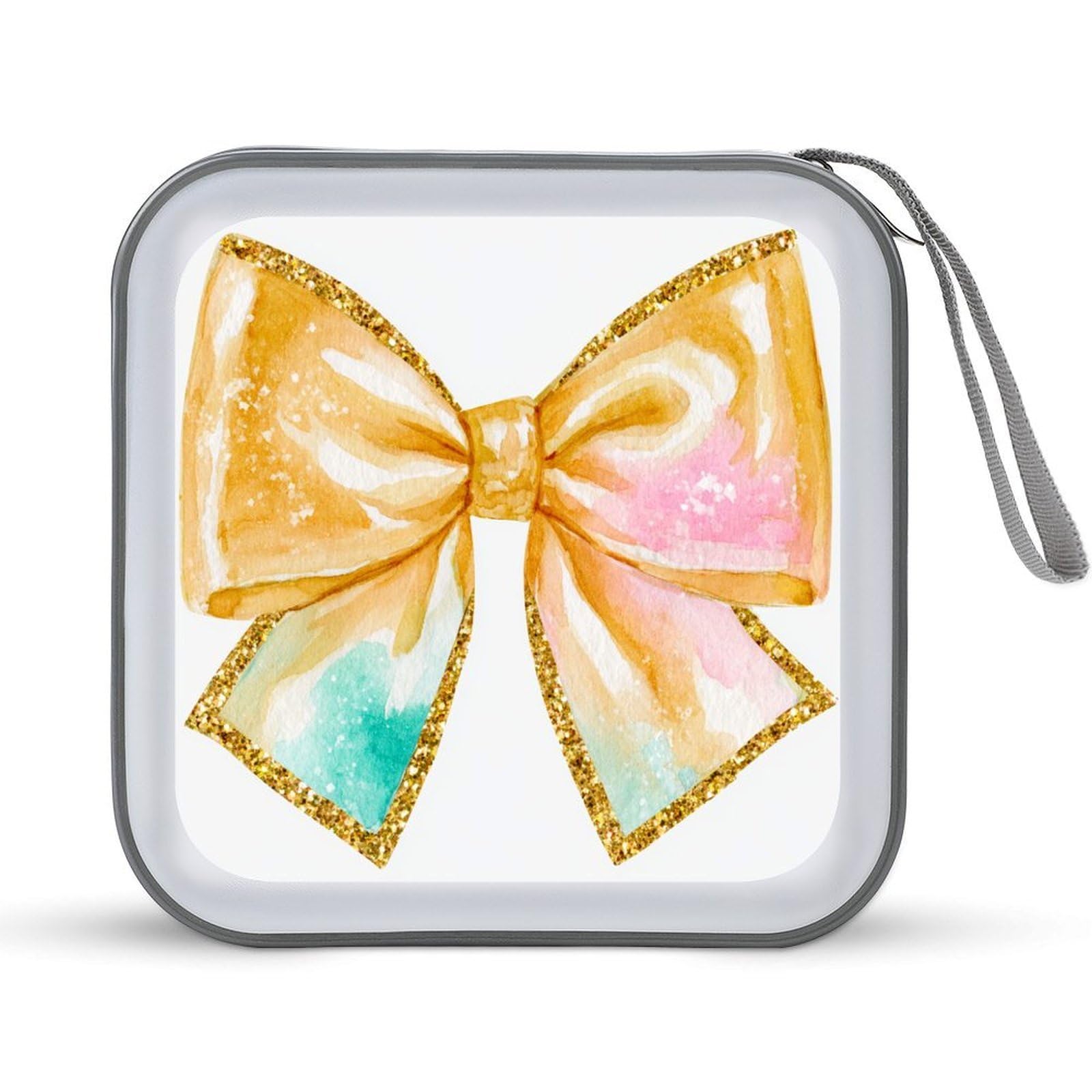 Jubonexis Tiny Gold Bow with Sparkling Gold Glitter CD Case DVD Storage Case Portable for Car Home Travel