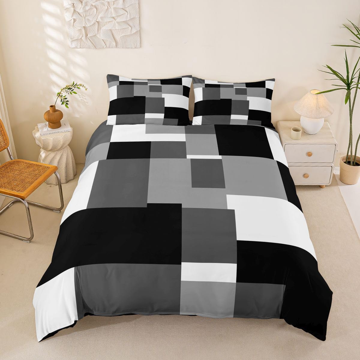 Housse de couette 200x200cm pour chambre d'adulte moderne art abstrait noir et doux