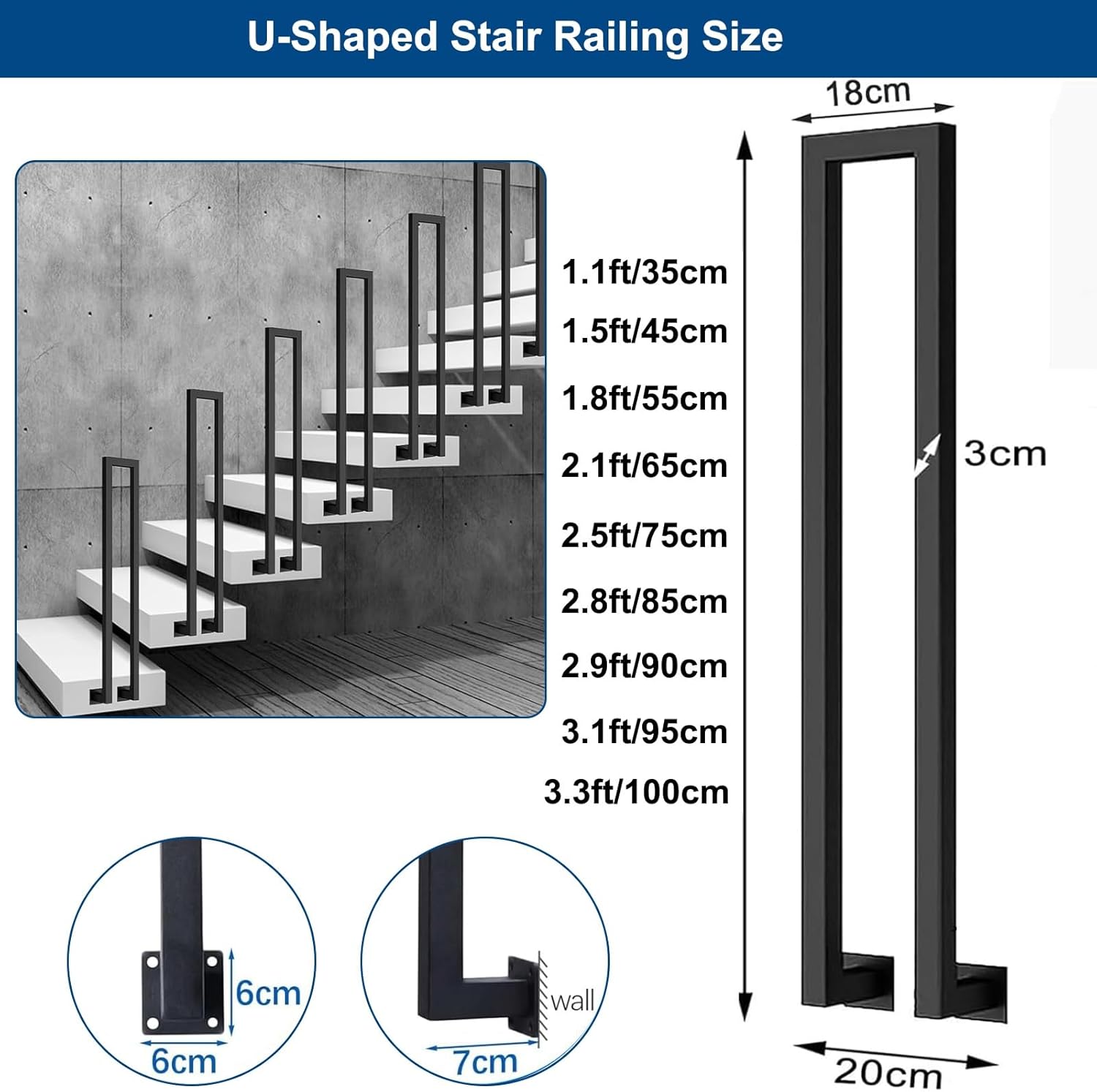 Metal U Shaped handrails for Indoor Stairs, Stair Railing Indoor, Hand Rails for Outdoor Steps, Railings for Stairs Loft Porch Deck, for Stairs Loft Garden Corridor(Black,95CM/3.1FT)