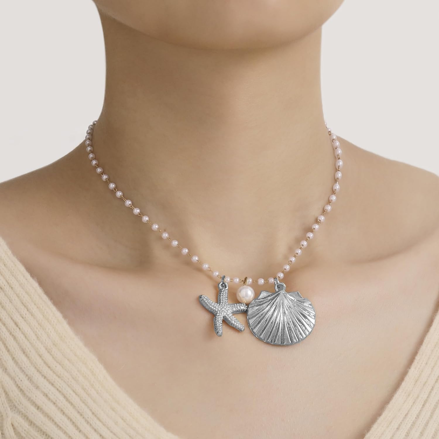 Seashell Necklace for Women Starfish Necklace Pearl Chain Necklace Beach Ocean Jewelry - Image 2