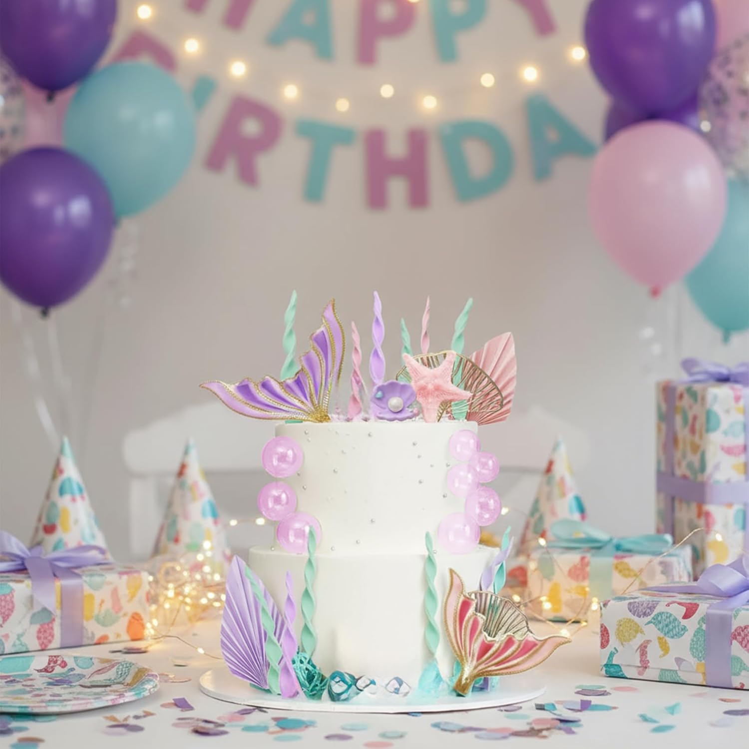 Condition photo showing New/Like New for Mermaid Cake Decorations 17 PCS Large Mermaid Tail Cake Topper with Coral Shell Pearl Bubble Under the Sea Cake Decorations for Ocean Theme birthday and party