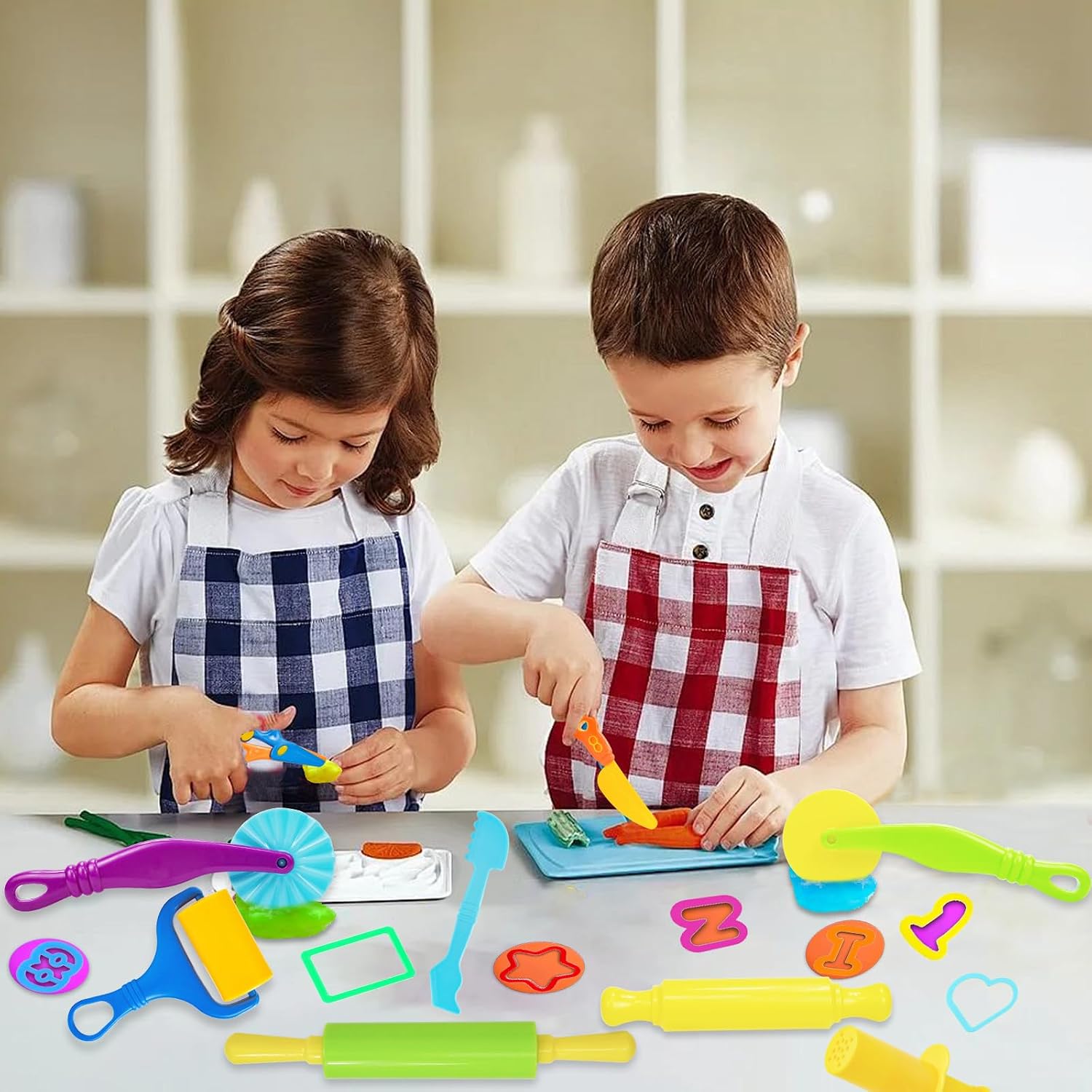 LCY WEDSHI Dough Tool Set, 56 Pcs Dough Tools Sets for Kids Ages 4-8, Dough Accessories Includes Alphabet Numbers Shapes, Cutters Roller, Rolling Pins, Safety Scissors, Plastic Knife