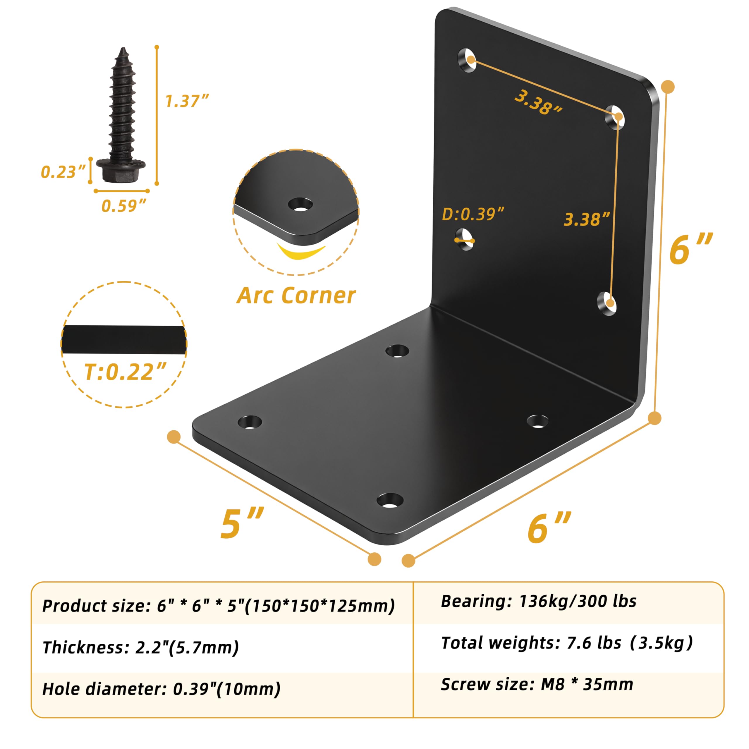 Confezione da 2 staffe angolari in acciaio resistente, 15,2 x 15,2 x 12,7 cm, staffa ad angolo retto a L, spessore 5,7 mm, staffa angolare per giunti in metallo, mensole in legno, supporto per mobili
