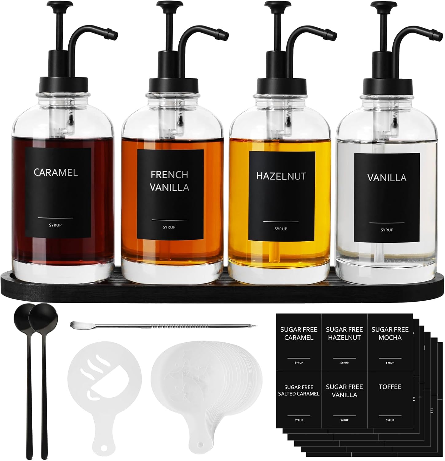 Coffee Bar Accessories, Glass Syrup Dispenser with Pump, 16.9 fl oz/500ml Syrup Bottles for Coffee Bar Organizer, Labels, Spoons,4 Pack