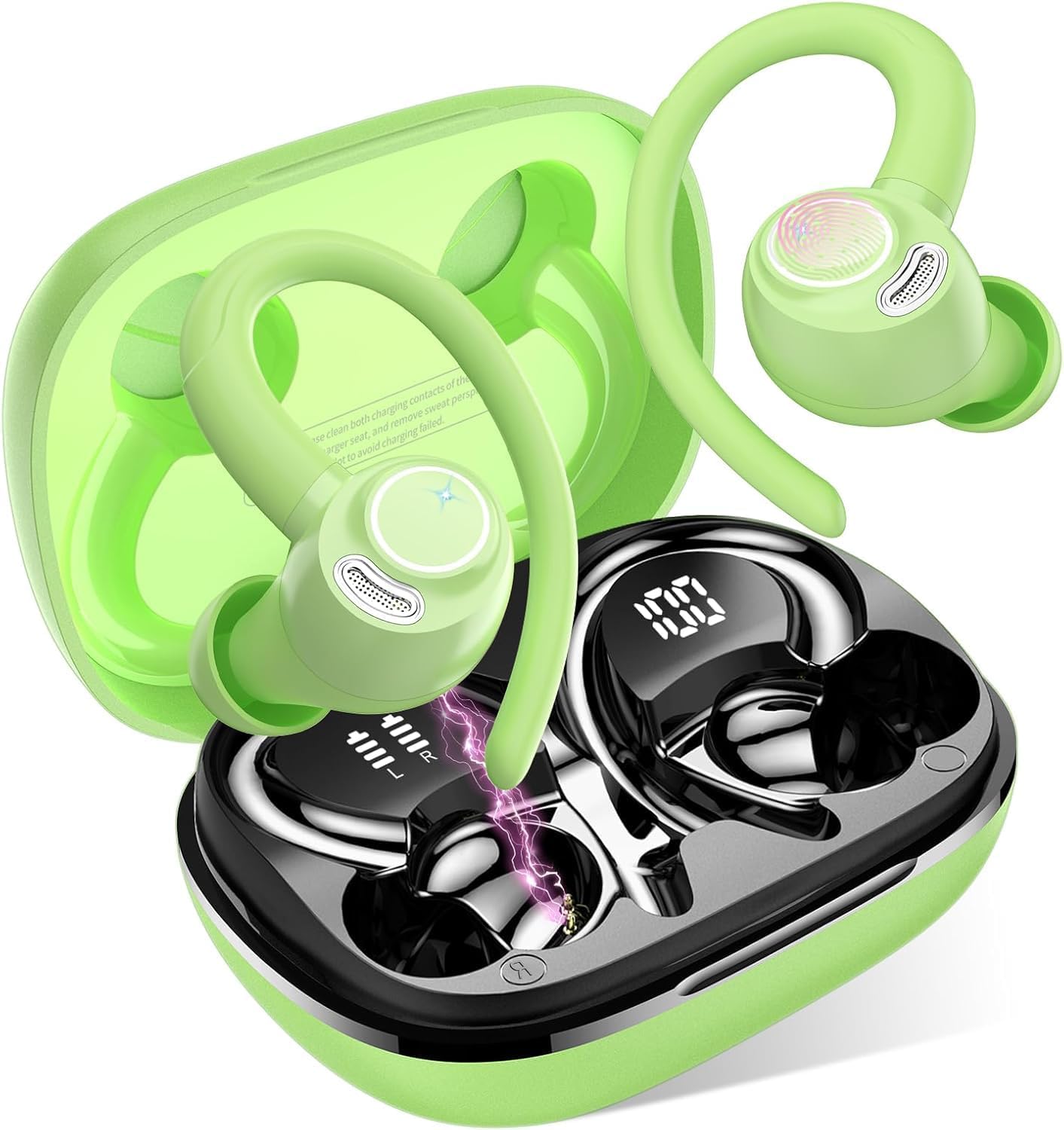 Jesebang Wireless Earbuds, Bluetooth 5.4 Headphones, Wireless Earphones HiFi Stereo Sound with ENC Mic, Sport Headsets in Ear EarHooks for Running, 48H Dual LED Display, IP7, Fresh Green