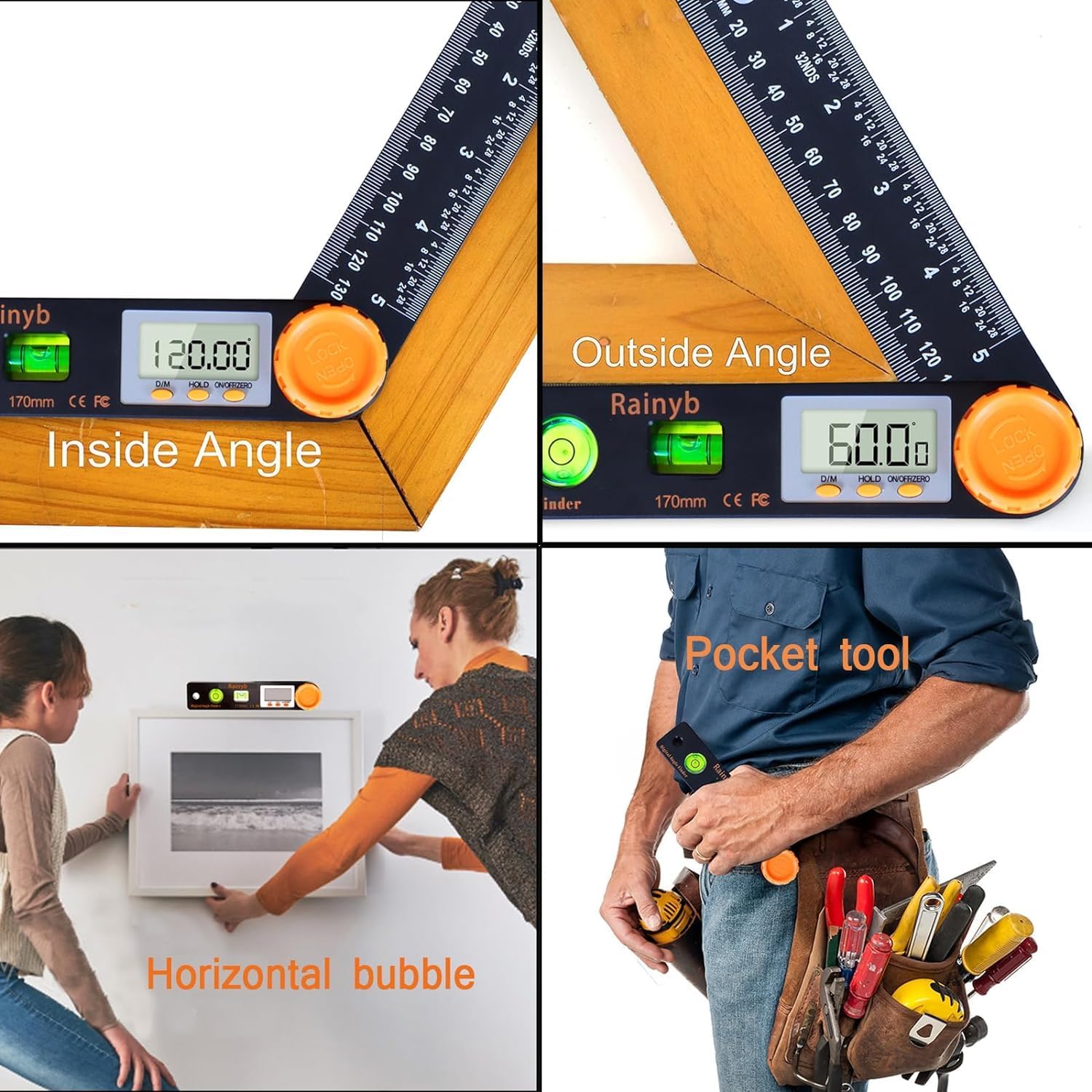 Rainyb Digital Angle Finder Tool, 5 inch Pocket Protractor, 0-360 Degree, LED Display with Horizontal Bubble Levels and Ruler Meter Accurate Tool for Woodworkers, Carpenters, Fabricators