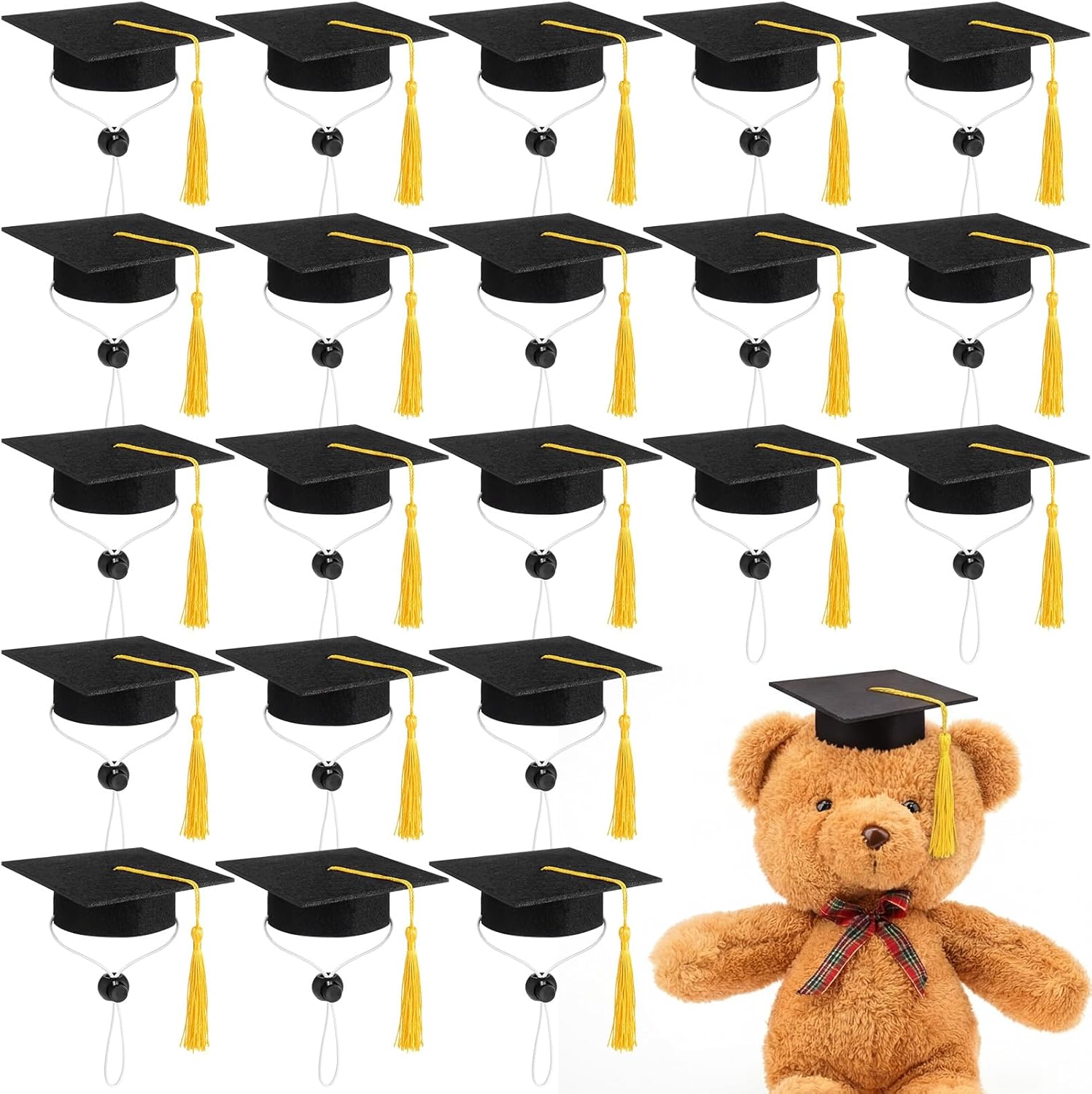 Gilprop 36 Pack 4.13 x 3.3 Inches Mini Graduation Caps Bulk with Yellow Tassel Small Animal Mini Plush Bachelor Hat Adjustable Pet Photo Props Hat with Elastic Strap for 2026 Graduation Party