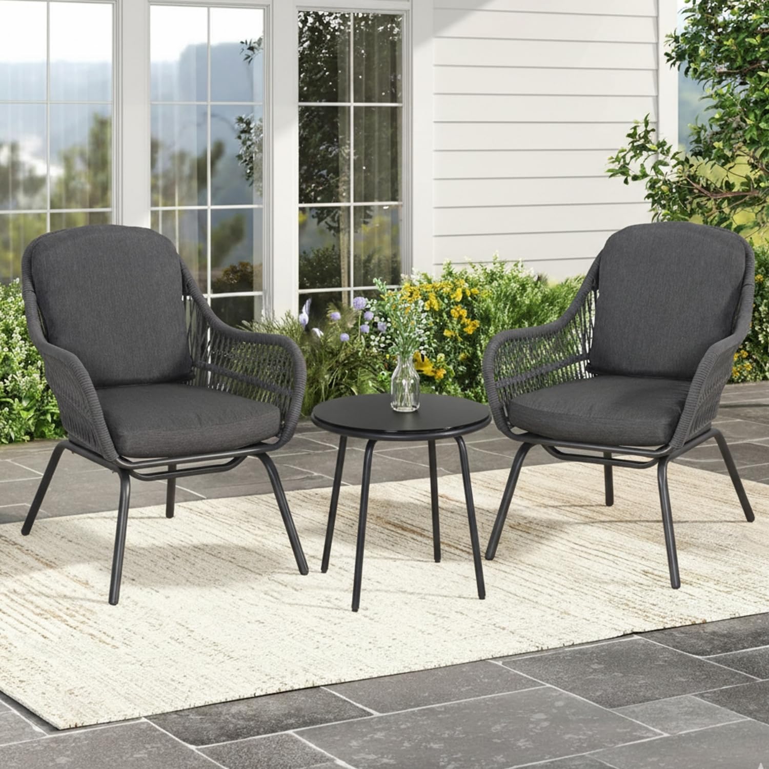 DEVOKO 3 Piece Outdoor Conversation Set with Handwoven Rope Chairs & Waterproof Cushions in Grey - Perfect for Backyards & Gardens