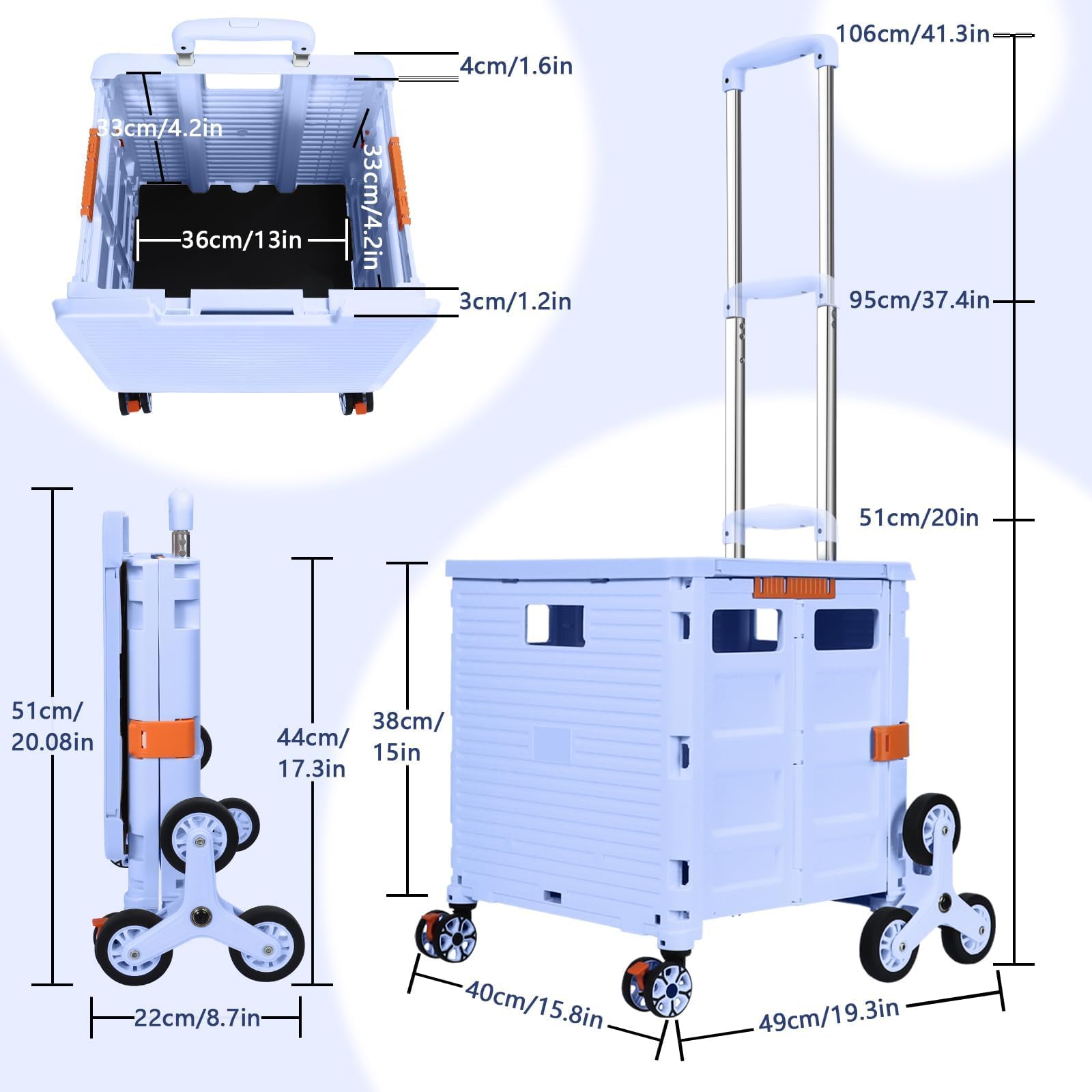 Carrito de Compras Plegable, Carro Portátil Plegable con Ruedas para Subir Escaleras, Cesta Compacta con Tapa Magnética, Carrito Rodante con Mango Telescópico, Ligero y Resistente hasta 80KG-Azul