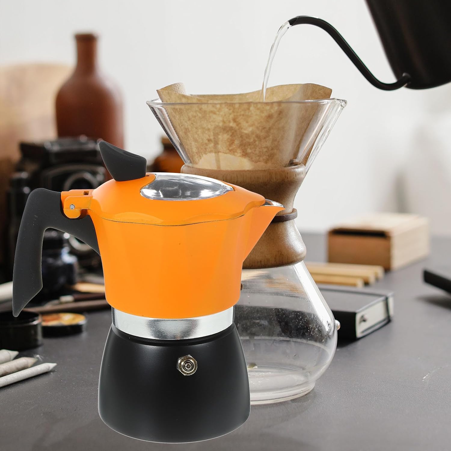 Espresso Coffee Pot Stovetop Maker for Home and Office Use, Easy to Use and Store, Sturdy Aluminum Alloy with Plastic Handle, Classic Yellow Octagonal Coffee Pot for Brewing
