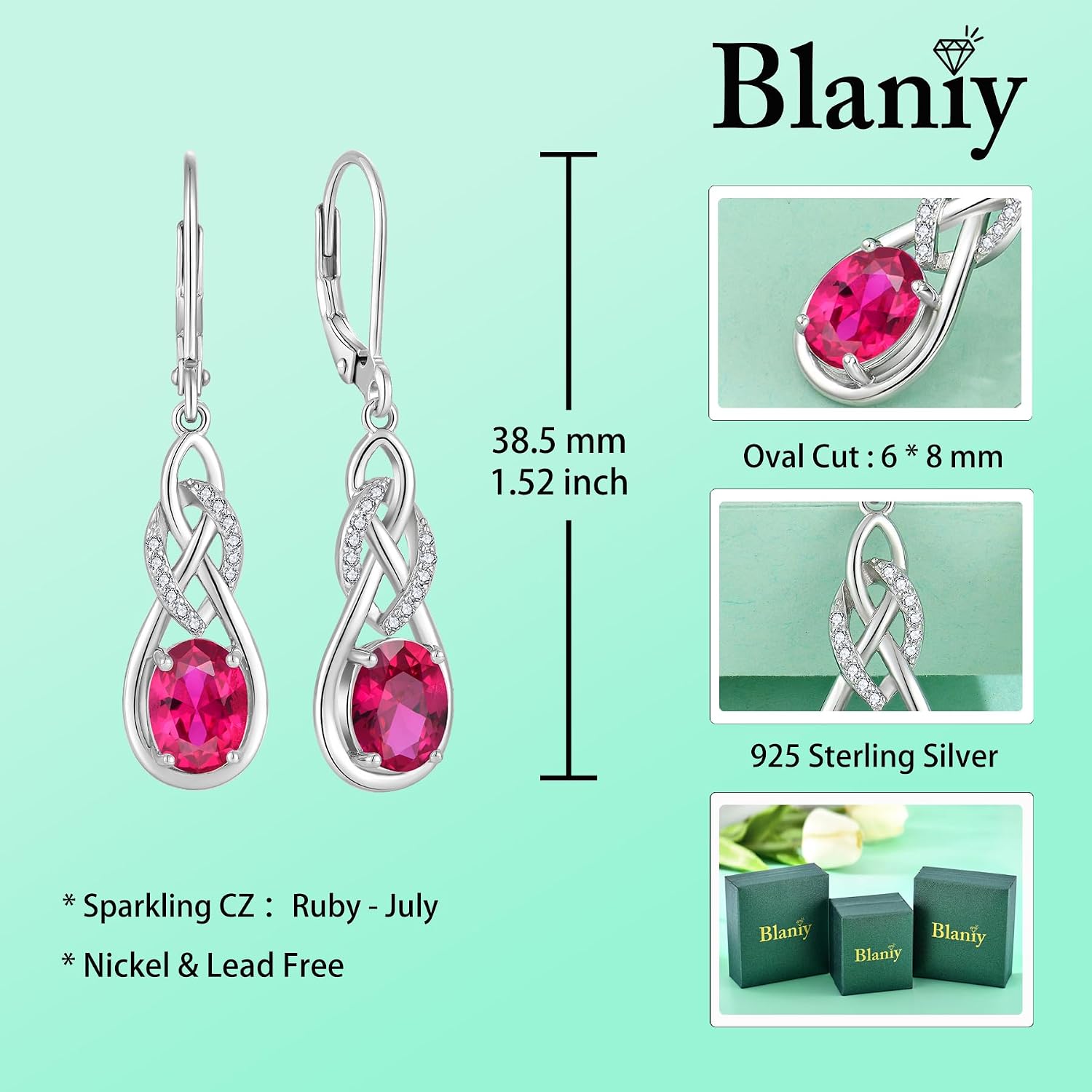 Oval Cut Drop Dangle Earrings 925 Sterling Silver Infinity Leverback Earrings Birthstone Jewelry Gifts for Women