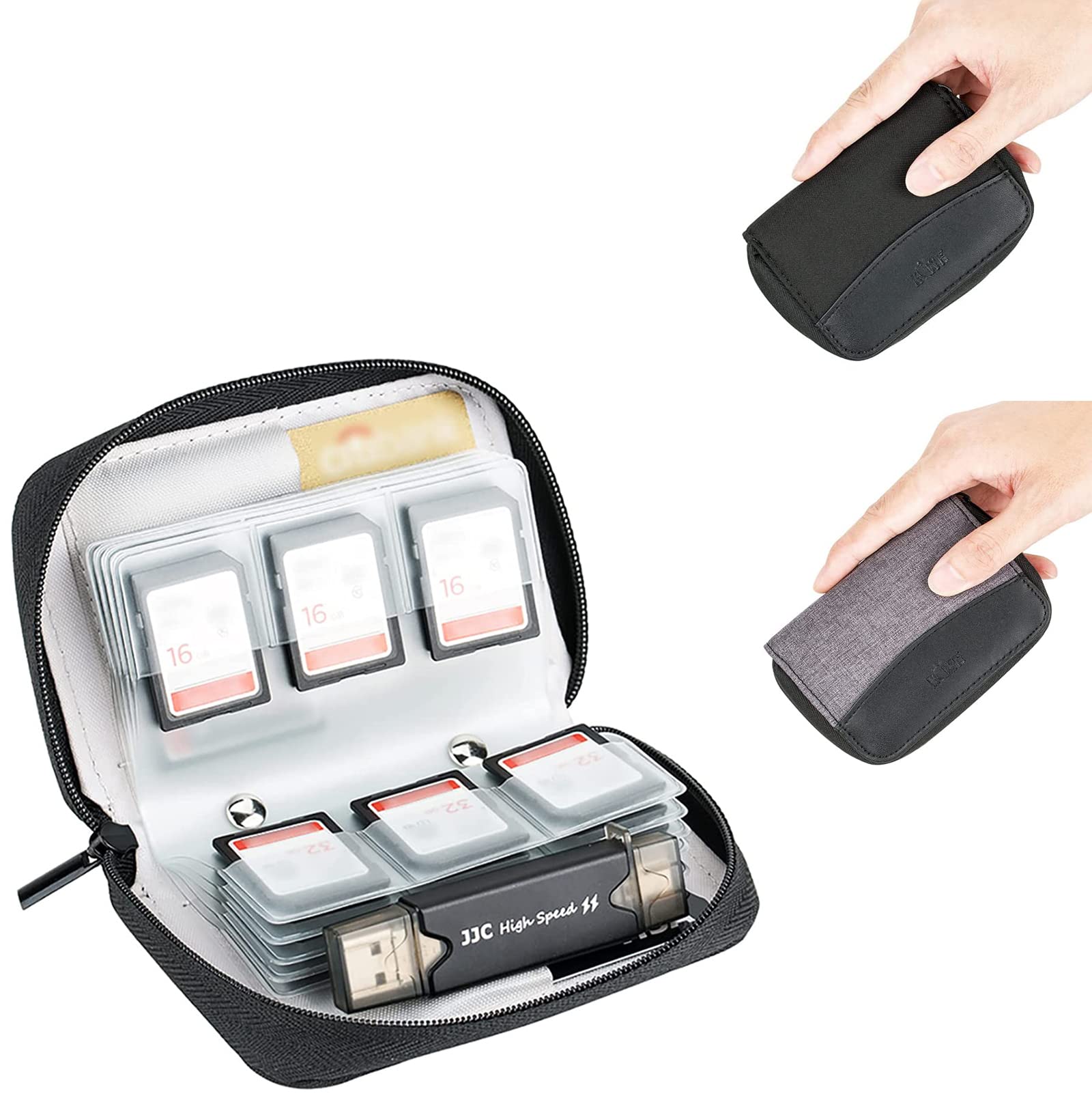 (24 SD + 4 CF) 28 Slots Memory Card Case Holder with Labels, SD Card Wallet Storage for 24 SD SDXC SDHC Cards + 4 CF XQD Cards, Portable Carrying Cases Organizer with Number Sticker - Grey + Black