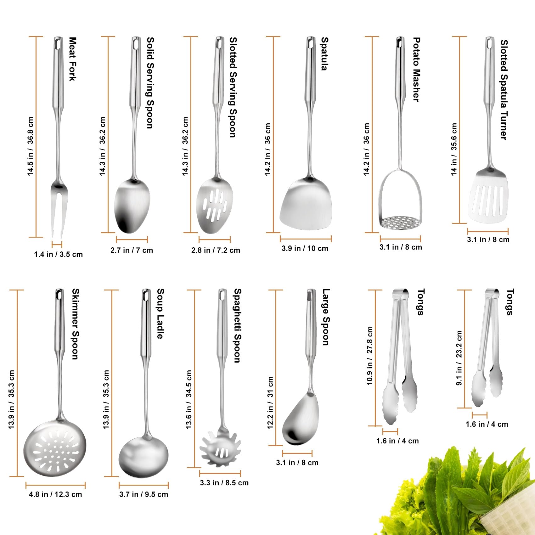 304 Edelstahl-Kochutensilien-Set, 12-teiliges langes Edelstahl-Küchenutensilien-Set, Metall-Kochutensilien-Set mit Kartoffelstampfer, Löffel, Schöpflöffel, Skimmer, Nudelheber usw. (spülmaschinenfest)
