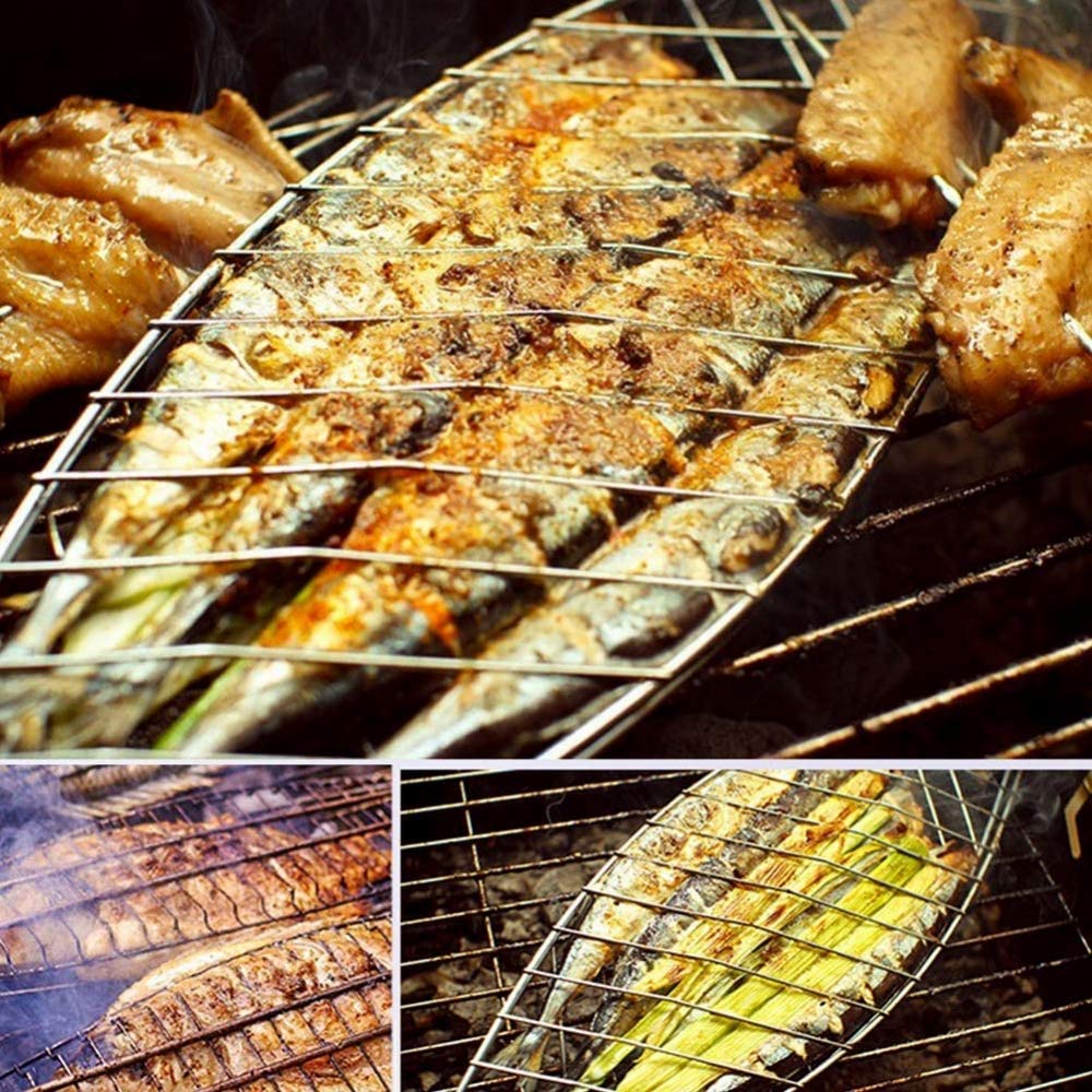 Cesta para Parrilla de Barbacoa, asador de Pescado para Barbacoa, Acero Inoxidable a la Parrilla para una Barbacoa, Cesta para Parrilla, volteador con Mango de Madera