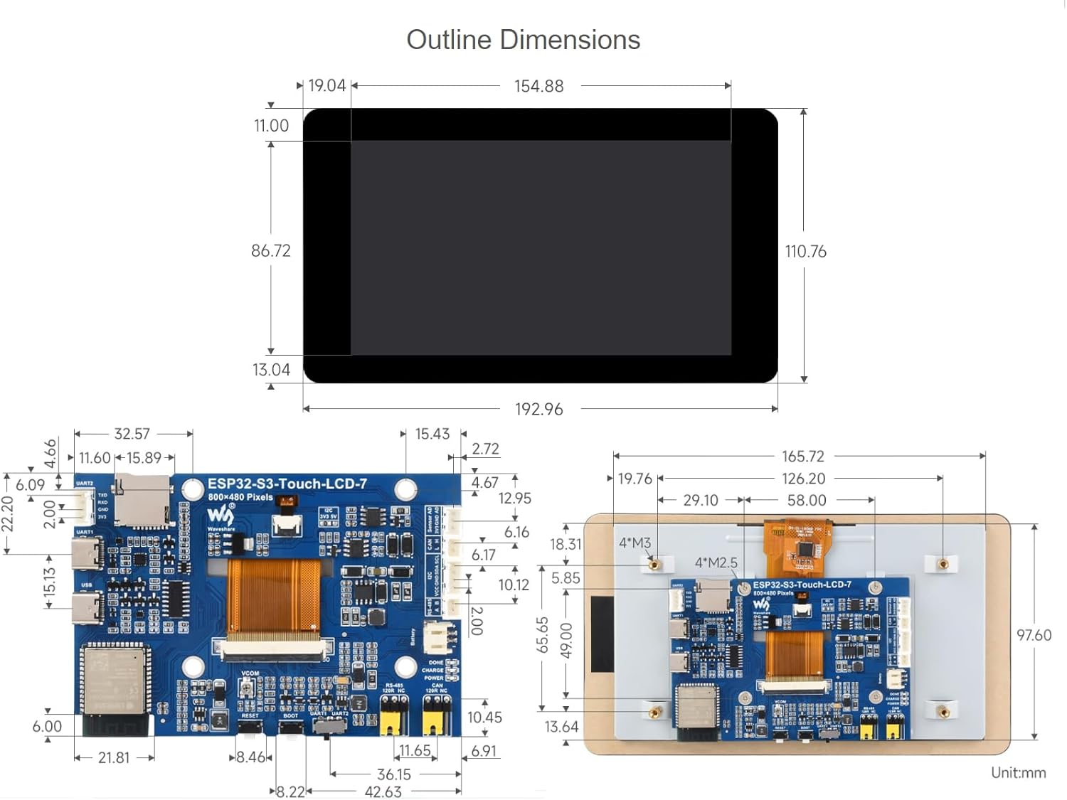Detailed outline dimensions of the Waveshare ESP32-S3 7inch LCD development board