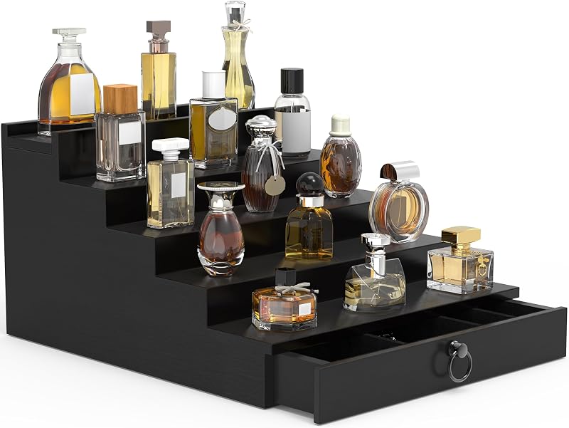 Organizador de perfumes upcessory de madeira preta com 5 níveis e gaveta