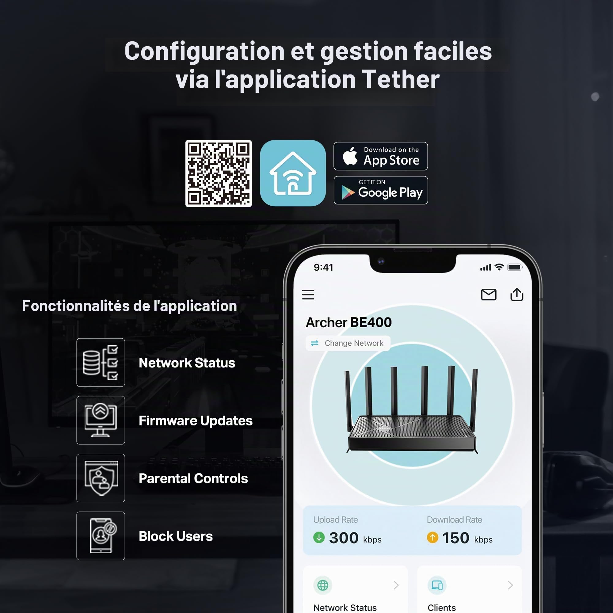 TP-Link Archer BE6500 Routeur Wi-FI Double Bande 7 (Archer BE400), Double Ports 2,5 Gbit/s, USB 3.0, processeur Quad-Core, HomeShield, IoT privé pour la sécurité réseau, Clients VPN