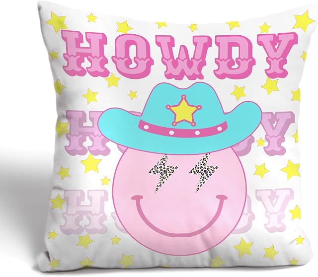 BCLOSE Preppy Room Decor Aesthetic - Hot Pink Cover for Preppy Pillow 18x18 - Cute Howdy Smiley Face Throw Pillow Case for Trendy & Funky Room Decor - Preppy Stuff for College Teen Girls